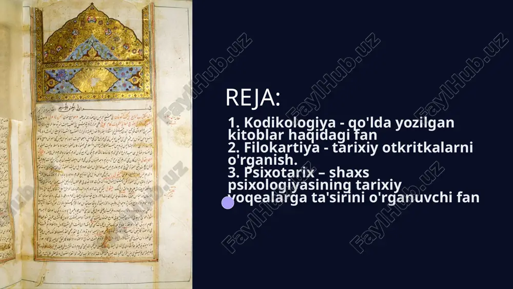 vnim materialom dlya naneseniya teksta bumaga material, shiroko ispolzuemiy v nastoyashee vremya dlya rukopisnix knig 7 protsess sozdaniya rukopisnix knig podgotovka materialov vibor i podgotovka pergamenta, papirusa ili bumagi dlya napisaniya teksta. napisanie teksta iskusstvo kalligrafii bilo vajnim navikom dlya rukopisnix knig. ukrashenie i dekorirovanie dobavlenie illyustratsiy, initsialov, miniatyur i ukrasheniy. 8 xranenie i konservatsiya rukopisey 1 osobie usloviya dlya soxraneniya rukopisey neobxodimi osobie usloviya xraneniya, takie kak temperatura i vlajnost. 2 kompleksnie meri protseduri kontrolya sostoyaniya i restavratsii, kotorie trebuyut spetsializirovannix znaniy. 9 ispolzovanie rukopisey v issledovaniyax 15 vekovaya istoriya rukopisi mogut soderjat informatsiyu, oxvativayushuyu sotni let istorii. 80% unikalnie dokumenti okolo 80% sushestvuyushego materiala – unikalnie dokumenti, kotorie ne bili opublikovani i izucheni. millioni ob'em materiala v mirovix arxivax xranitsya millioni rukopisey, ojidayushix svoego izucheniya i interpretatsii. 10 zaklyuchenie kodikologiya yavlyaetsya vajnim napravleniem issledovaniy, pozvolyayushim soxranit istoricheskoe nasledie chelovechestva i obogatit znaniya o proshlom. 11 filokartiya - izuchenie …