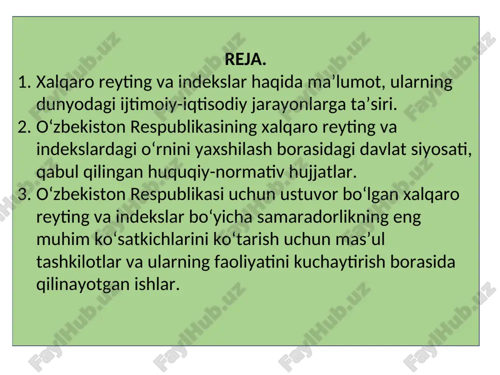 i indeksi, global innovatsion indeks, inson salohiyati rivojlanishi indeksi, transchegaraviy investitsiyalash indikatorlari, to‘g‘ridan-to‘g‘ri xorijiy investitsiyalarni tartibga solish indeksi, to‘g‘ridan-to‘g‘ri xorijiy investitsiyalar uchun jozibadorlik indeksi shular jumlasidandir. reytinglar ichida eng mashhurlari, investitsiya jalb qilinishida muhim o‘rin tutadiganlari sirasiga “standard and poor’s”, “moody’s”, “fitch ratings” agentliklari hamda yirik auditorlik va konsalting kompaniyalari tomonidan e’lon qilib boriladigan baholash mezonlarini ham kiritish mumkin. prezidentimizning 2020 yil 25 fevraldagi “o‘zbekiston respublikasining xalqaro reytinglar va indekslardagi o‘rnini yaxshilash chora-tadbirlari to‘g‘risida”gi qarorida amalga oshirilayotgan islohotlarni baholashning yaxlit va mustaqil tizimini shakllantirish, respublikamizning xalqaro reytinglardagi o‘rnini yaxshilashni ta’minlash yo‘llari atroflicha belgilab berildi. mazkur hujjatga muvofiq boshqa vazifalar qatorida 3 ta asosiy yo‘nalishda ish olib borilayotgani alohida e’tiborga molik. ya’ni: 1. o‘zbekiston respublikasining xalqaro reytinglardagi o‘rnini monitoring qilish va baholash milliy tizimi, ya’ni milliy monitoring tizimi yaratilishi. 2. ko‘rsatilayotgan davlat xizmatlari sifatini yaxshilash, aholining davlat organlari faoliyatidan qoniqishi darajasini hamda ularning xodimlari kasbiy mahoratini oshirish maqsadida “davlat xizmatlarining sirli …