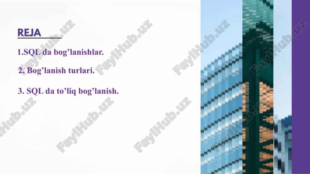 so'zi yordamida amalga oshiriladi. sintaksisi quyidagicha: bu yerda j1 va j2 jadval1 ning ushbu so'rovdagi vaqtinchalik 2 xil ﻿nusxasi. union operatori union operatori ikki yoki undan ortiq ﻿select ifodalarni natijalarni jamlab chiqarish uchun ishlatiladi. bunda bir nechta shartlar mavjud: union operatoridagi har bir select ifodalarda ustunlar soni bir xil bo'lishi kerak. ustunlarning ma'lumot turlari bir xil bo'lishi kerak. ustunlar tartibi bir xil bo'lishi kerak. thank you lorem ipsum dolor sit amet, consectetur adipiscing elit, sed do eiusmod tempor incididunt ut labore et dolore www.reallygreatsite.com image1.jpeg image2.png image3.svg image3.jpeg image4.png image5.png image6.png image7.png image8.png image9.png image10.png image11.png image12.png image13.png image14.png image15.png image16.png image17.png image18.png image19.png image20.png image21.png image22.png image23.png image24.jpeg image25.png image44.svg /docprops/thumbnail.jpeg