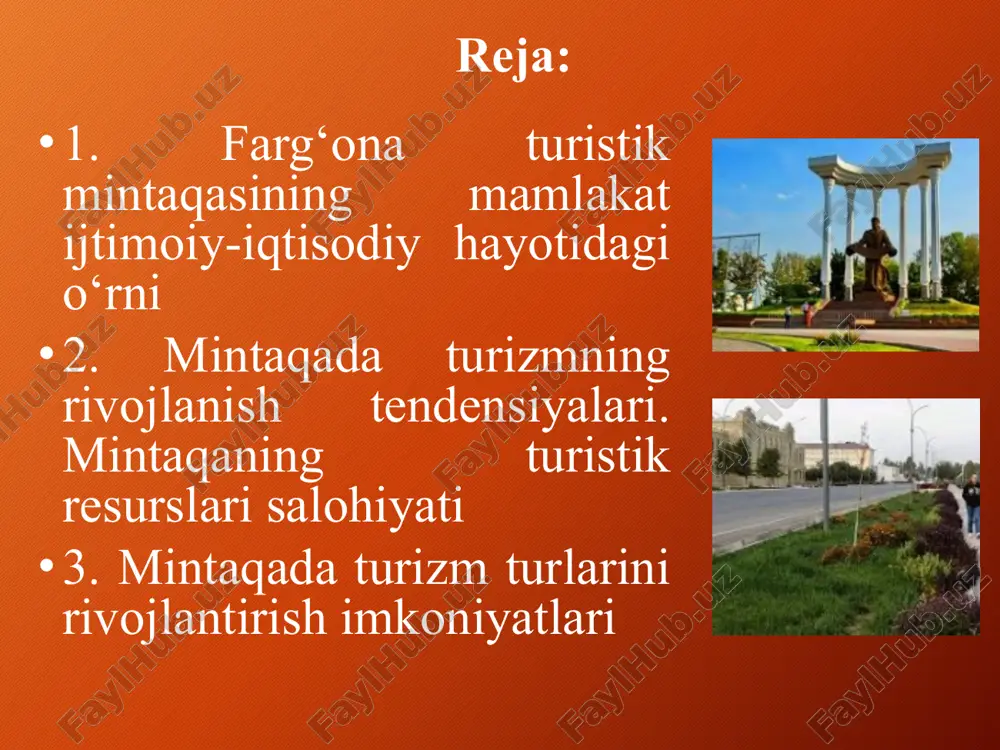 usi bilan turizm sanoatini rivojlantirishga qaratilayotgan alohida e’tibor samarasida mamlakatimizning go‘zal tabiati, muqaddas qadamjolari, noyob me’moriy obidalari hamda fayzli go‘shalari dunyo ahlini tobora o‘ziga maftun etmoqda. mustahkam tinchlik va barqarorlik, o‘zaro mehr-oqibat, hamjihatlik muhiti, dunyoga mashhur o‘zbekona mehmondo‘stlik, shuningdek, zamonaviy mehmonxonalar va dam olish maskanlari, ularda ko‘rsatilayotgan yuksak sifatli xizmat turlari bu borada muhim omil bo‘layotir. ayni paytda yurtimizda sayyohlikning ekoturizm, geoturizm, ekstremal, tibbiy va madaniy yo‘nalishlari, otda, tuyada, avtomobilda sayohat qilish, alpinizm, baliq ovi, rafting kabi ko‘plab turlari rivojlanib bormoqda. azaldan mehmondo‘stlikni joyiga qo‘yib, ko‘pchilikka o‘rnak bo‘lgan xalqimiz istiqlol yillarida ana shu ajoyib fazilatini sayyohlik industriyasi, xizmat ko‘rsatish sohasini takomillashtirish orqali yanada yaqqolroq namoyon etayotir. bunda o‘zbekiston respublikasining “turizm to‘g‘risida”gi qonuni, prezidentimizning 2016 yil 2 dekabrdagi "o‘zbekiston respublikasining turizm sohasini jadal rivojlantirishni ta’minlash chora-tadbirlari to‘g‘risida"gi farmoni muhim dasturilamal bo‘lmoqda. farg‘ona viloyati tarixiy obidalari, tabarruk qadamjolari, zamonaviy inshootlari bilan sayyohlar e’tiborini tortmoqda. xususan, viloyat markazi, qadimiy qo‘qon, marg‘ilon shaharlari va …