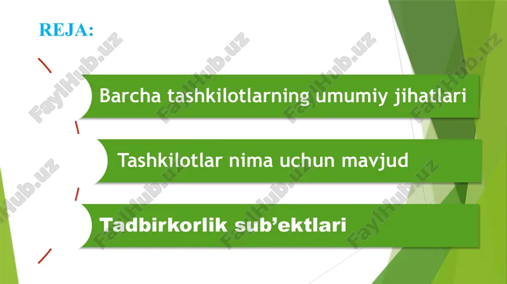 ilish. ba'zi tashkilotlar egalarining o'zlari tomonidan nazorat qilinadi, asosiy tashkilotlarning ko'pchiligi egalarining nomidan ishlaydigan odamlar tomonidan nazorat qilinadi. ulardan ba'zilari davlat tomonidan homiylik qilinadigan nazorat qiluvchi organlar tomonidan bilvosita nazorat qilinadi. (c) faoliyat. tashkilotlar aslida faoliyat turi jihatdan juda farq qilishi mumkin. bu, masalan, ishlab chiqarish tashkilotlari yoki sog'liqni saqlash xizmati bo'lishi mumkin. (d) foyda yoki notijorat faoliyatga e'tibor qaratish. ba'zi korxonalar foyda olish uchun mavjud. boshqalar, armiya kabi, foyda olish uchun emas. (e) huquqiy maqom. tashkilotlar mas'uliyati cheklangan jamiyatlar yoki shirkatlar bo'lishi mumkin. (f) hajmi. biznes kichik oilaviy biznes yoki ko'p millatli korporatsiya bo'lishi mumkin. g) moliyalashtirish manbalari. korxonalar banklardan qarz olish yoki davlat mablag'lari yoki aktsiyalarni chiqarish yo'li bilan moliyalashtirishi mumkin. (h) texnologiya. kompaniyalar texnologiyadan foydalanishning turli darajalariga ega. misol uchun, kompyuter firmalari texnologiyadan keng foydalanadilar va burchak do'konlar esa juda kam. 2 xususiy va davlat sektorlari xususiy sektor. markaziy yoki mahalliy hukumat yoki davlat idoralariga tegishli bo'lmagan …