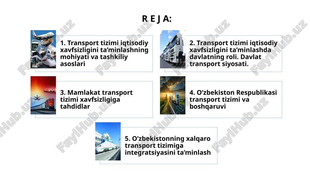 ilmiy salohiyatini rivojlantirish uchun ajratilgan mablag'lar darajasi (yaimga nisbatan foiz hisobida); 6. milliy bozorda xorijiy va mahalliy yuk tashish kompaniyalarining jami yuk tashish ishlarini tashkil etishdagi ulushi transportga bo‘lgan ehtiyojni to‘liq qondirishni ta’minlaydigan hamda jamiyatning xavfsizlik va ekologik tozalik nuqtai nazaridan ehtiyojlarini qondiradigan yuk va yo‘lovchi tashish tizimini shakllantirish transportni rivojlantirishning strategik maqsadi hisoblanadi. ushbu maqsadga erishish uchun quyidagi vazifalar amalga oshiriladi turli mulkchilik shaklidagi transport korxonalari o’rtasida raqobat va o‘zaro hamkorlik muhiti asosida transport xizmatlari bozorini shakllantirish transport tizimini texnik qayta jihozlash va yuqori samarali transport texnologiyalarini joriy etish transportni rivojlantirishning me’yoriy-huquqiy asoslarini yaratish, jamoat transport xizmatlari ko‘rsatish va yuk tashishda umumiy xavfsizlik va ekologik tozalikni kafolatlash milliy transport tizimini jahon transport tizimiga o'zaro manfaatli integratsiyalashuvini ta’minlash 2. transport tizimi iqtisodiy xavfsizligini ta’minlashda davlatning roli. davlat transport siyosati. transport sohasini davlat tomonidan tartibga solish transport sohasini davlat tomonidan tartibga solish litsenziyalash, sertifikatlashtirish, ruxsat berish va xabardor qilish tartib-taomillarini qo‘llash, …