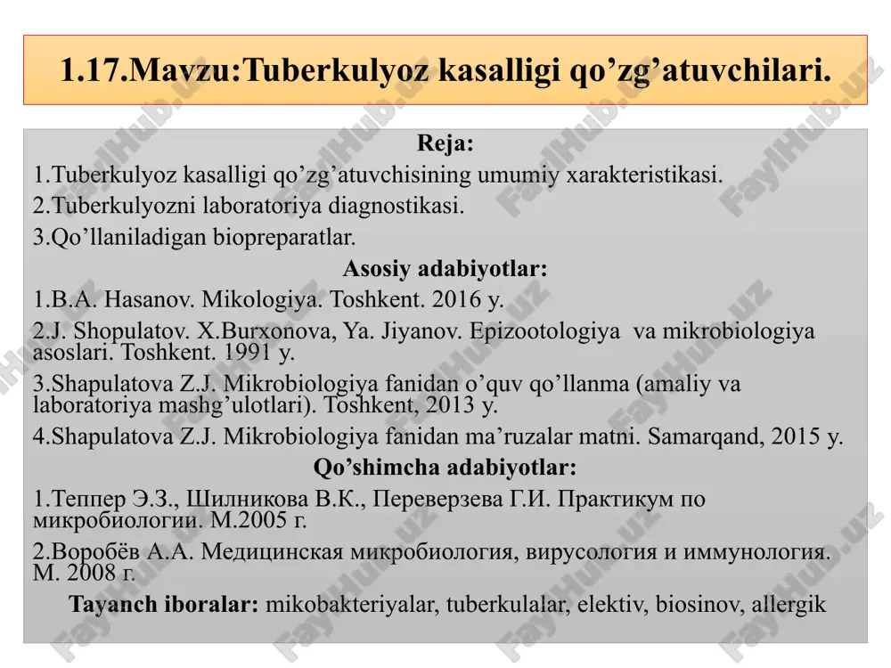 alar beshta turga bulingan: 1.m.tuberculosis-odam tuberkulyozi qo’zg’atuvchisi. (maymun, uy hayvonlarida ham uchraydi); 2.m.bovis-qoramol tuberkulyozi qo’zg’atuvchisi (odamda ham uchraydi); 3.m.avium- parranda tuberkulyozi qo’zg’atuvchisi ( cho’chqa va qora mollarda ham uchraydi); 4.m.murium-sichqon tuberkulyozi qo’zg’atuvchisi; 5.m.poykilothermorum -sovuqqonlilar tuberkulyozi qo’zg’atuvchisi; kasallikga moil hayvonlar. kasallik qo`zg`atuvchisining mikroskopik ko`rinishi. tuberkulyoz-odamlar, sut emizuvchi hayvonlar va parrandalarning surunkali yuqumli kasalligi bo’lib, zararlangan organ va to’qimalarda o’ziga xos tugunlar (tuberkulalar) hosil bo’lishi bilan xarakterlanadi. morfologiyasi va tinktorial xususiyatlari. mikrob ko’p hollarda ingichka, to’g’ri yoki yengil egilgan shakldagi, uchlari qayrilgan, uzunligi 0,8-5,5 mkm, eni 0,2-0,6 mkm tayoqchalardir. ularning o’lchamlari doimiy emas. u bakteriya turiga, oziqa muhit, o’sish sharoitiga va h.k. larga bog’liq ravishda o’zgarib turadi. m.tuberculosis ga nisbatan m.bovis kalta va yo’g’on bo’ladi, hayvon to’qimalarida, oziqa muhitida o’sganiga nisbatan mikobakteriyalar uzunchoqroq bo’ladi. bakteriya sitoplazmasida shakli va o’lchami har xil donachalari bor. surtmalarda bittadan yoki guruh bo’lib joylashadi. mikobakteriya tayoqchalari harakatsiz, spora va kapsula hosil qilmaydi. kislota, ishqor va spirtga chidamli. …
