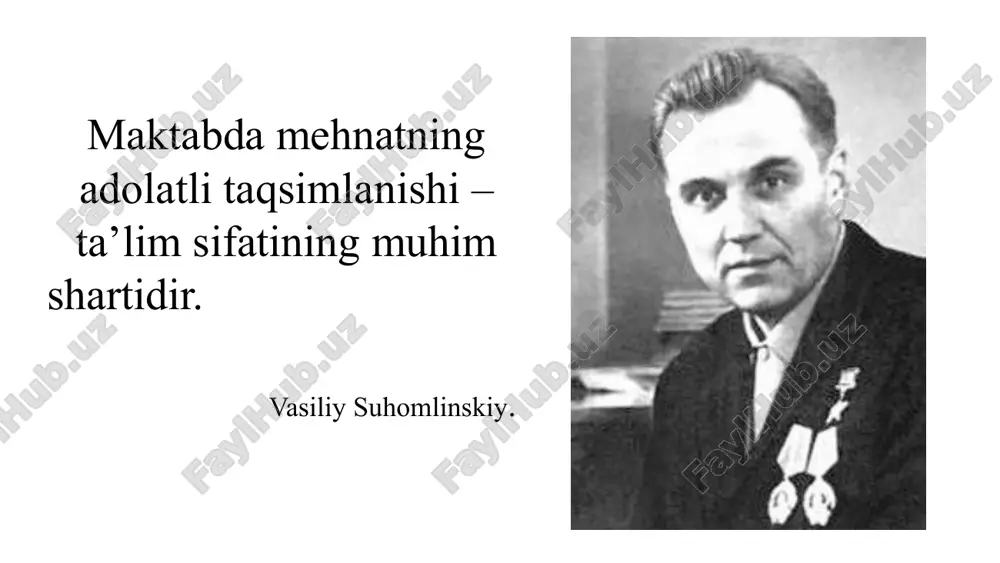 24-yil 16 - oktyabr, 334-sonli buyrug‘i o‘zbekiston respublikasining 30.04.2023-yildagi mehnat kodeksi anton makarenko – “pedagogik poema” makarenko mehnat intizomi va jamoaviy boshqaruv orqali pedagoglarning kasbiy majburiyatlarini bajarishga undaydi. uning tajribasi mehnat kodeksining intizomiy choralar, tashkilot ichki qoidalari, mehnat majburiyatlarini bajarish kabi bandlariga mos keladi. yan amos komenskiy- “buyuk didaktika” komenskiy o‘qituvchilarning ish yuklamalarini to‘g‘ri taqsimlash va tartibga solish. har bir pedagogning mehnat shartnomasi asosida aniq vazifalar belgilanishi. mehnat kodeksiga rioya etish uchun doimiy nazorat va baholash tizimini ishlab chiqish kerakligini takidlagan. vasiliy suhomlinskiy – “yurakni bolalarga beraman” suhomlinskiy ta’lim sifatini oshirish uchun o‘qituvchilarga motivatsiya, e’tirof va moddiy qo‘llab-quvvatlash berish zarurligini ta’kidlaydi. mehnat kodeksi bo‘yicha o‘qituvchilarning ijtimoiy himoyasini kuchaytirish, ularga munosib maosh va dam olish imkoniyatlarini yaratish muhim. suhomlinskiy fikricha, pedagoglar o‘z ishlarini sevsalar va ularga e’tibor berilsa, ta’lim sifati oshadi. mavzuga oid adabiyotlar tahlili: maktabda yangi tahrirdagi mehnat kodeksini samarali qo‘llash orqali mehnat munosabatlarini to‘g‘ri shakillantirish va buning natijasida ta’lim …