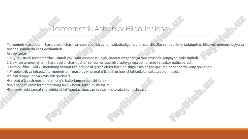 5-10 minut kutish kerak simobli termometrni sindirib qoldirish xavfli, chunki simob zaharli. agar simob tushsa, uni ehtiyotkorlik bilan yig'ib, maxsus idishga joylashtirish kerak. spirtli termometrlar spirtli termometrlar simobli termometrlarga nisbatan xavfsizroq, chunki ular zaharli emas. ular maishiy va laboratoriya sharoitida keng qo'llaniladi. 4 raqamli termometrlar bilan ishlash kontaktli termometrlar kontaktli termometrlar tana haroratini o'lchash uchun og'iz, qo'ltiq osti yoki rektal joyga joylashtiriladi. ular shuningdek, atrof-muhit haroratini o'lchash uchun ham ishlatiladi. infraqizil termometrlar infraqizil termometrlar peshona yoki boshqa yuzalarga masofadan haroratni o'lchaydi. ular tezda o'lchashga imkon beradi va gigienik hisoblanadi. 5 bimetall termometrlar 1 bimetall termometrlar ikki xil metallning kengayish farqiga asoslangan. 2 ular sanoat, oziq-ovqat sanoati va boshqa sohalarda haroratni o'lchash uchun ishlatiladi. 3 bimetall termometrlar vaqt o'tishi bilan kalibrlanishi kerak. kalibrlash usullari orasida muz nuqtasi, qaynash nuqtasi va standart termometr bilan solishtirish usullari mavjud. 6 gazli termometrlar gazli termometrlar yuqori aniqlikka ega va ilmiy tadqiqotlar va standartlarni belgilashda qo'llaniladi. …
