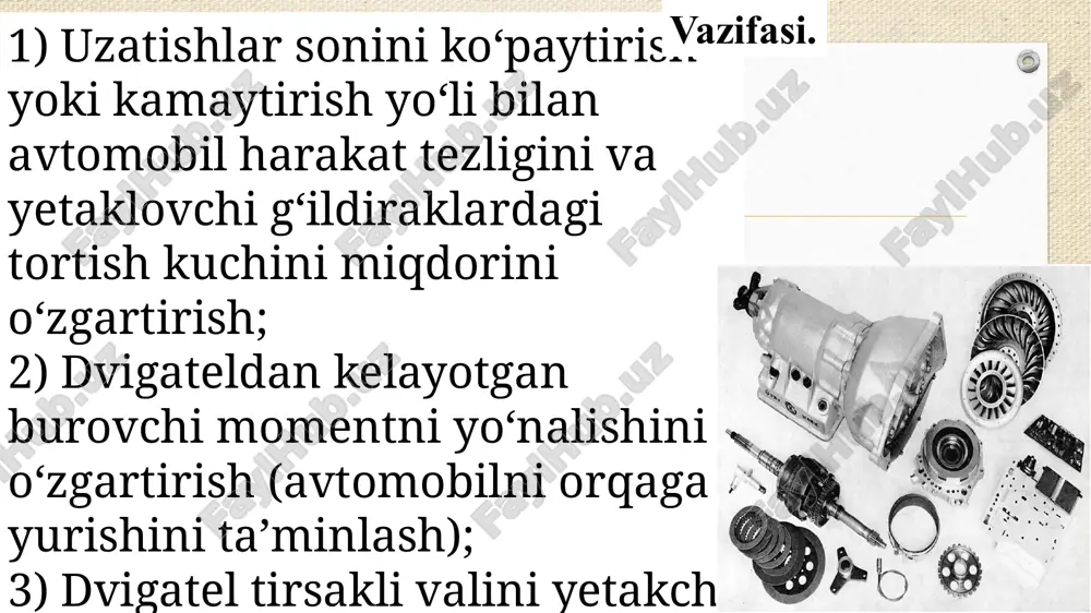 nda uning miqdori 2 marotaba oshadi, chunki uzatishlar soni uq2 ga teng, lekin ikkinchi valning aylanishlar soni 2 marotaba birinchi valning aylanishlar soniga nisbatan kamayadi. avtomatik uzatmalar qutisi eng oddiy gidromexanik planetar avtomat uzatmaning dizayni (masalan, uvmv-čzm-nami): avtomat uzatma korpusi, momentni oʻzgartiruvchi qismlar, vallar va planetar uzatmalar, planetar tishli boshqaruv elementlari (disk debriyajlari va tasmali tormozlari), image5.jpg image6.png image7.png image8.jpg image9.jpg image10.png image11.jpg image3.png /docprops/thumbnail.jpeg
