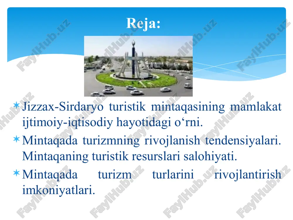 ar va turkiston tog’ tizmalaridagi tabiiy va rekreasiya maskanlari, sangzor daryosi havzasining landshaft zonalari ushbu rayonning turizm imkoniyatlarini oshiradi. undan tashqari zomin va baxmal tog’ va tog’oldi mintaqalari aziz qadamjolar hamda dam olish maskanlariga boy hisoblanadi. turistik rayonda ekologik turizmni rivojlantirish borasida amaliy ishlar boshlangan. «ekosan» xalqaro jamg’armasining ekoturizm bo’linmasi tomonidan jizzax viloyatining zomin milliy bog’i va nurota qo’riqxonalariga marshrutlar ishlab chiqilgan. zomin milliy bog’i toshkentdan 250 km o’zoqlikda bo’lib, viloyatdagi tureiston tog’ tizmasining shimoliy yonbag’rida joylashgan. bog’ning umumiy maydoni 24,1 ming ga, shundan 12,1 ming ga o’rmonlar va 16,7 ming ga o’rmon bilan qoplangan yerlardan iborat. milliy bog’ rekreasion zonalardan iborat. unga ekologik turizmni soylar bo’ylab, hamda tabiatning ajoyib obyektlariga piyoda va otlarda uyushtiriladi nurota davlat qo’riqxonasi jizzax viloyati forish tumanida nurota tog’ tizmasining yonbag’rida joylashgan. umumiy maydoni 17,7 ming ga bo’lib, turistik marshrutlar piyoda va otlarda uyushtiriladi. marshrutlar asosan ibtidoiy jamiyatning toshlarga chizilgan rasmlari, relikt daraxtlar, seversov qo’ylarining …