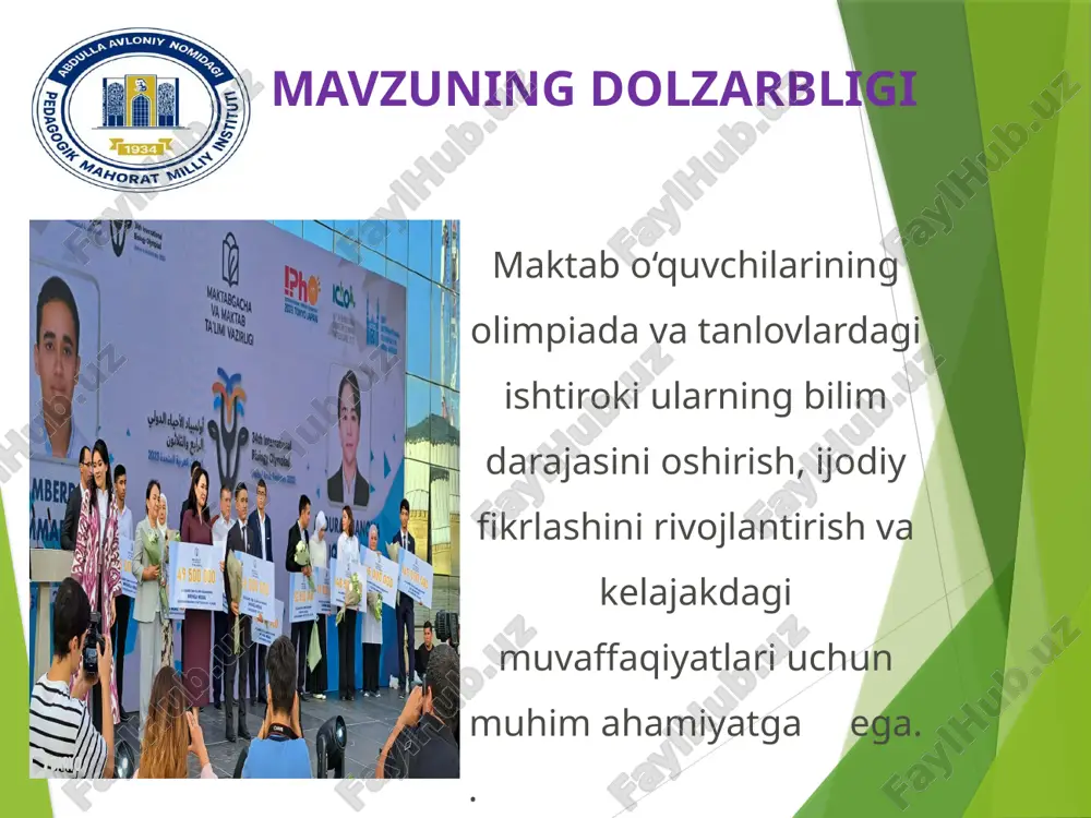 r va ilmiy loyihalar - tajriba asosida o‘qitish t/r amaldagi holat (o‘zbekistonda) amaldagi holat (xorijda) taklif 1 davlat yordami va islohotlar o‘zbekiston hukumati tomonidan iqtidorli yoshlarni qo‘llab-quvvatlash uchun maxsus dasturlar ishlab chiqilgan. aqsh, xitoy, rossiya, germaniya kabi davlatlarda fan olimpiadalariga maxsus dasturlar asosida tayyorgarlik ko‘riladi. o‘zbekiston fan olimpiadalarini rivojlantirish borasida katta yutuqlarga erishgan bo‘lsa-da, rivojlangan davlatlar bilan solishtirganda hali bajarilishi lozim bo‘lgan vazifalar ko‘p. xalqaro tajribani o‘rganish, maxsus ilmiy markazlarni ko‘paytirish va murabbiylar tayyorlash tizimini takomillashtirish lozim 2 xalqaro musobaqalarda ishtirok o‘zbekiston xalqaro fan olimpiadalarida faol ishtirok etib, so‘nggi yillarda matematikada, informatikada va tabiiy fanlarda yuqori natijalarga erishmoqda. xalqaro matematika, fizika, kimyo, informatika olimpiadalari (imo, ipho, icho, ioi) yuqori saviyada tashkil etiladi. fan olimpiadalari ko‘p hollarda universitetlar, ilmiy tadqiqot markazlari va yirik kompaniyalar tomonidan qo‘llab-quvvatlantiradi. ayrim maxsus maktablar (masalan, prezident maktablari, ixtisoslashtirilgan matematika va fizika maktablari) chuqurlashtirilgan ta’lim berishga harakat qilmoqda.ananviy maktablardaham chuqurlashtirilgan sinflar sonini ko’oaytirish maqsadga muvofiq. qiyosiy tahlil …