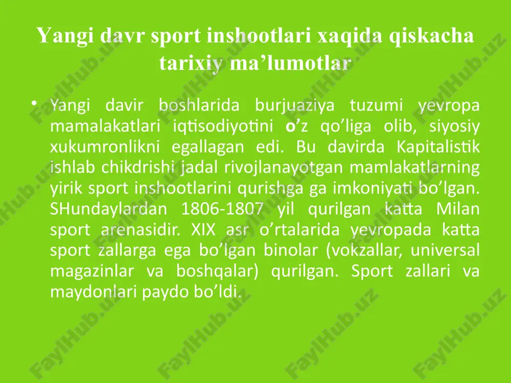 hlanishigacha qadimgi afina stadioni qayta qurilgan. biroq, stadionda futbol maydoni bo’lmagan. asosan stadion arenalarida gimnastika, yengil atletika musobakdlari (100, 400, 800 va 1500 m ga yugurish, 110 m ga to’siqdar osha yugurish, sakrash, disk uloqtirish) o’tkazilgan. zamonaviy olimpiayda sport inshootlari. ii olimpiada o’yinlari (1900 y.) fransiyaning parijdagi bulon o’rmonida bo’ldi. ii olimpiada ochilishiga xech qanday maxsus sport inshooti qurilmagan. bulon o’rmoni tekisligida fakatgina 313 m uzunlikka yugurish yo’lakchalari belgilangan bo’lib. disk uloqtirish shu o’rmonning boshqa maydonchasida bajarilgan. hozir u esdalik sifatida temir beton tusiq bilan to’silgan. iii olimpiada o’yinlari amerikaning sent-luis shaxrida (1904 y.) bo’ldi. sent-luisda ham xech qanday maxsus sport inshooti qurilmagan. iv olimpiada o’yinlari (1908 y.) angliyaning london shaxrida bo’lgan. london stadioni bizning eramizning birinchi olimpiada stadioni hisoblanib, uning tribunasiga 70000 tomoshabin sig’gan. stadionda futbol maydoni, yugurish yo’lakchasi, velotrek, suv xavzasi bo’lgan. v olimpiada o’yinlari (1912 y.) shvesiyaning stokgolm shaxrida bo’lgan. stokgolmda juda qulay stadion qurilib, to bizning …