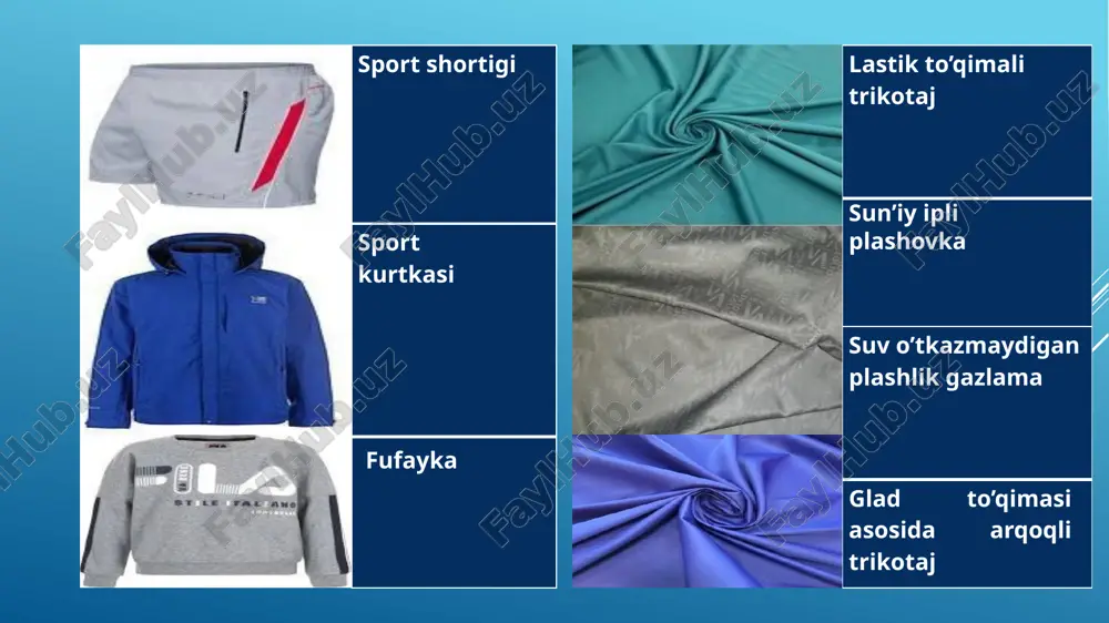 rqimi listochkali cho’ntaklardan tashkil topgan yumshoq trikotaj futbolkasiga extiyoj yuqoriligi aniqlandi. o’tkazilgan marketing tadqiqotlari natijalari asosida bolalar sport kiyimlarining turli assortimentlari yaratilib konfektsion karta tuzildi [9]. tavsiya qilinayotgan 1-model 2ta assortiment: turli sport mashg’ulotlarida sovuq kunlarda badantarbiya uchun zamonaviy o’g’il bolalar ustki sport kiyimi va shalvardan iborat.1-model tasnifilibos to’g’ri bichimli, yeng va bel qismida manjet, old bo’laklar molniya tasmali bo’lib old bo’lak ko’krak qismida o’zbekiston bayrog’i belgisi yopishtirilgan. ort bo’lak kurak qismida esa “uzb” yozuvi tushirilgan bo’lib sport musobaqalarida ishtirok etuvchi bolada vatanparvarlik hissini uyg’otadi. modelda modadan chiqmaydigan va bayrog’imizga uyg’unlashtirilgan oq klassik rang, ko’k va qora ranglar qo’llanilgan. ustki sport kiyimi trikotaj polotnosidan tikilgan bo’lib, o’tqazma yengli, qaytarma yoqali, qoplama cho’ntakli qilib tikilgan model ko’rinishi model mj № 1 texnik tavsif nomlanishi - maktab yoshidagi bolalar uchun sport kiyimi bichimi— to’g’ri gazlamasi–trikotaj gazlama tolaviy tarkibi- paxta , laykra mavsum-baxor-kuz ishlab chiqaruvchi korxona- buyumning rangi-kulrang bilan kombinatsiyalashgan ko’k 2 - …