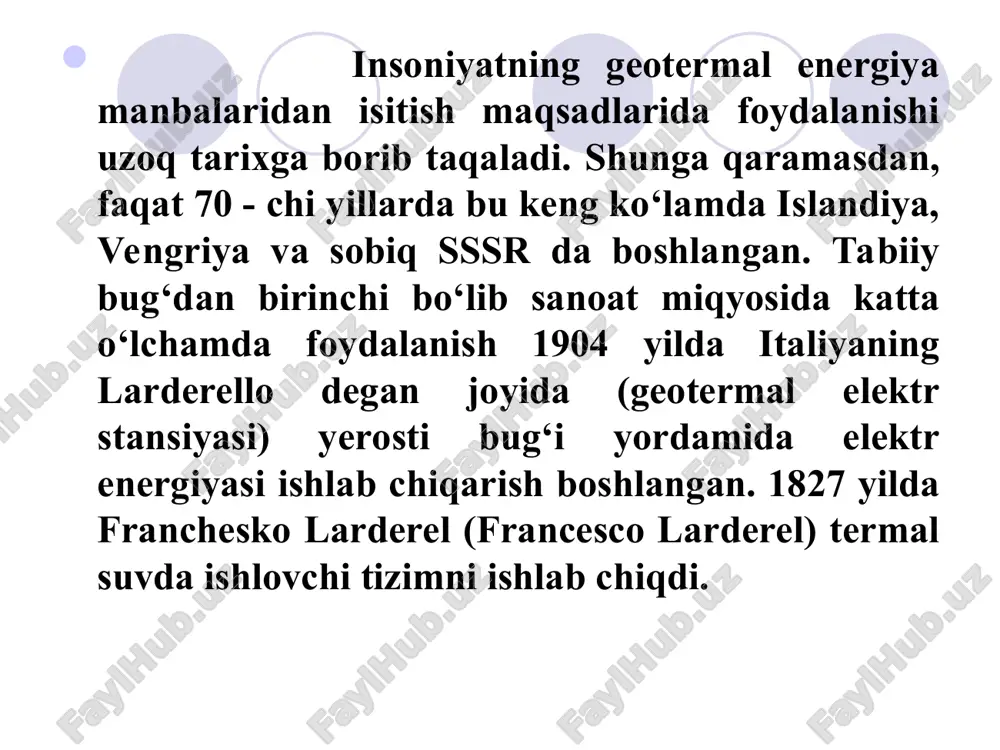 avjud. yer ichidagi bu harorat kanchaga tengligi anik ma’lum emas, agar otilib chiqayotgan lavalar yoki yashirish holatda yer ostida turgan termal manbalar, geyzerlar misolida oladigan bo‘lsak, ular butun yer sharidagi insoniyatni zarur energiya bilan ta’minlashga yetarli ekanligiga amin bo‘lamiz. yana bu energiya, qayta ishlash uchun xech qanday reaktor yoki yoqilg’i talab qilmaydigan toza energiya manbasidir mutnov geoes – kamchatka (rossiya) geotermal konlari to‘rtta turga bo‘linadi: ˗ quruq(namsiz) bug‘ konlari; ˗ nam bug‘ konlari; ˗ qaynoq suv konlari; ˗ qizigan quruq jinslardan iborat konlar. namsiz(quruq) bug‘ konlari misoliga larderello(italiya) va katta geyzerlar vodiysi (kaliforniya shtati-aqsh) konlarini keltirish mumkin. uayrakey va yangi zelandiyadagi boshqa konlar o‘ta qizigan suv konlari turiga kiradi. geotermal energiya turlari yordamida elektr energiya ishlab chikarishdan tashqari, bu konlardan qo‘shimcha maxsulotlar tabiiy gaz, mineral xom-ashyo va chuchuklashtirilgan suv ham olish mumkin. ko‘pgina mutaxassislar geotermal energiya boshka energiya manbalari bilan tan narxi va atrof-muxitga ta’siri jihatidan raqobatdosh bo‘lishi mumkinligi ta’kidlashadi. …