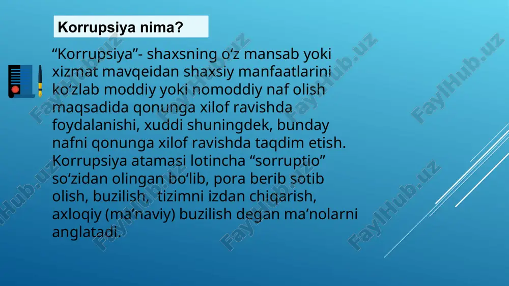 kurash sohasidagi davlat siyosatining asosiy yo‘nalishlari: "... agar siz o‘g‘il-qizlari unga doimo qaytadigan, aholisi undan faqat ta’til mavsumidagina chetga chiqadigan, uning hududida kelajak uchun qo‘rquv hissi bo‘lmaydigan vatan qurmoqchi ekansiz, quyidagi ikki qadamni qo‘ying: 1. korrupsiyani vatanga xoinlikka, korrupsionerni esa eng ashaddiy sotqinga tenglashtiring. 2. harbiylar, o‘qituvchilar va shifokorlarni eng katta maosh to‘lanadigan kasb egalariga aylantiring. eng muhimi, mehnat qiling, mehnat qiling va mehnat qiling. negaki, sizni o‘zingizdan boshqa hech kim himoya qilmaydi, boqmaydi. sizning vatan o‘zingizdan boshqaga kerak emas. agar, ana shu aytganlarim oddiy so‘z va shior bo‘lib qolmasdan, turmush tarzingizga aylansa, siz o‘z maqsadingizga erishgan bo‘lasiz.” o‘zbekiston respublikasi vazirlar mahkamasining 2020-yil 31-dekabrdagi 829-sonli qarori bilan tasdiqlangan nizomning 7-bandiga asosan… korrupsiyaga oid huquqbuzarlik uchun huququiy javobgarlik turlari: fuqarolik-huquqiy intizomiy-huquqiy ma’muriy- huquqiy jinoiy- huquqiy e’tiboringiz uchun rahmat!: