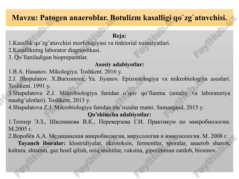 ovqat maxsulotlarida botulizm. morfologiyasi va tinktorial xususiyatlari. cl.botulinum bo’yalgan preparatlarda uchlari qayrilgan, uzunligi 4-9 mkm, eni 0,6-0,8 mkm tayoqchalar ko’rinishida bo’ladi. bakteriyalar alohida yoki juft, ba’zida qisqa zanjir shaklida joylashadi. mikrob harakatchan-peritrix. sporalari oval shaklida bo’lib, hujayra markazida yoki chekkalariga yaqin joylashadi. u teniis raketkasi shaklini eslatadi. kapsula hosil qilmaydi. vegetativ hujayralari anilin bo’yoqlar bilan yaxshi bo’yaladi. yosh kultura va to’qimadan tayyorlangan preparatlarda grammusbat,eski kulturalarda-grammanfiy bo’yaladi. kultural xususiyatlari. botulizm qo’zg’atuvchilari jiddiy anaeroblar. ularni o’stirish uchun maxsus oziqa muhitlar- glyukoza-qonli seyssler agari, glyukozali jigarli agar, glyukozali jelatina, glyukozali tik agar, kitt-tarossi muhiti va h.k.lar ishlatiladi. bakteriyalarning o’sishi va toksin hosil qilishi uchun optimal harorat a, b, c va d tiplari uchun- 350c, y va f tiplari uchun -28-300s. a va c tiplari 10-550s da ham rivojlanadi. ph 7,4-7,7. botulizm qo’zg’atuvchisi, kulturasi oziqa muhitlarda yuqori namlik bo’lganda, neytral yoki kuchsiz ishqorli muhitlarda kuchli zahar hosil qilish xususiyatiga ega. kitt-tarossi muhitini loyqalantiradi, keyin …
