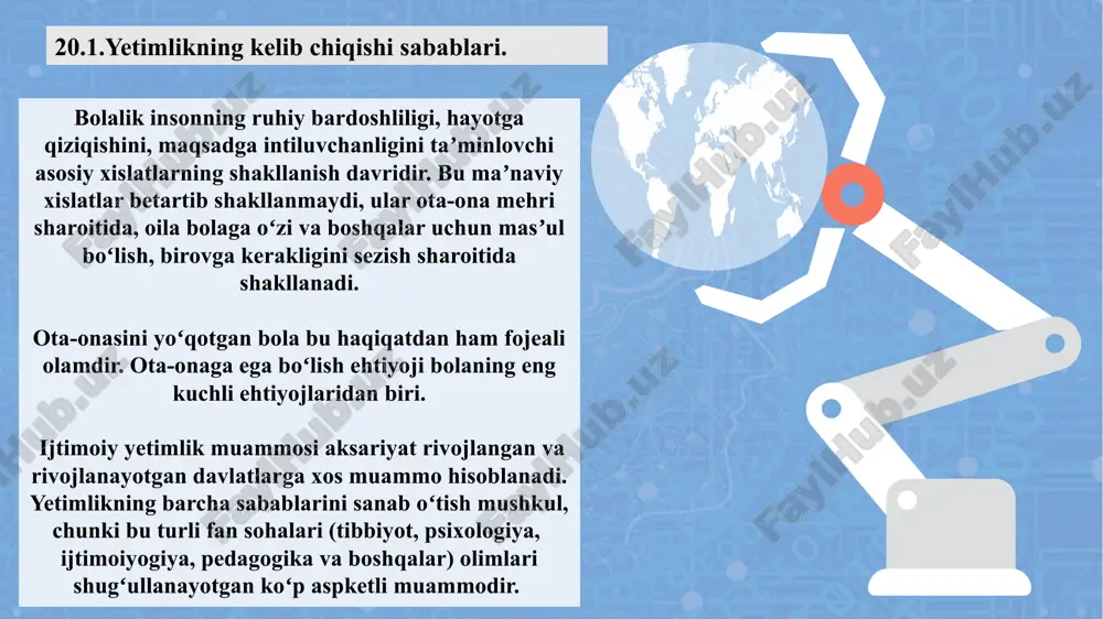 nlardan uni olib ketmayotgan bolalar kiradi. davlat qaramogʻiga olishi bolalikka olinmagan yetim bolaga uni maxsus muassasalarga joylashtirish orqali tarbiyasi va rivojlanishi uchun sharoitlar yaratib berish. bola vaqtinchalik qabul qiluvchi oila, bolalar va goʻdaklar uyi, maktab-internetga joylashtirilishi mumkin.qabul qiluvchi oila bilan ijtimoiy pedagogik faoliyat yuritish bolalikka olingan bola turli xildagi qabul qiluvchi oilalarga-bolalikka oluvchi oila yoki vasiyat oilaga borib qolishi mumkin. ular oʻrtasidagi farq shuki birinchi holatda bolani qarindoshlari topib olishadi, ikkinchisida, oila vazifasini bolaga qarindoshlik aloqalari boʻlmagan shaxslar bajaradi. ularni boqish, taʼlim berish, himoyalash uchun qonun bilan belgilangan vasiylik shakllari mavjud. vasiy deganda muomalaga layoqatsizlarni shaxsiy va mulkiy huquqlarini qoʻriqlovchi shaxs tushuniladi. yetim bolalarga vasiylik qilish ikki yoʻl bilan amalga oshiriladi -bolalikka olish yoki davlat qaramogʻiga topshirish. -vaqtinchalik qabul oilasi. bu bizning jamiyatimiz uchun yangi hodisadir. bunaqa oila bola shoshilinch tarzda oilasidan judo qilinsa (turli sabablar asosida; oʻz oilasida inqirozli vaziyat, oʻlim va boshqalar) zarur boʻlib qoladi. vaqtinchalik qabul qiluvchi …