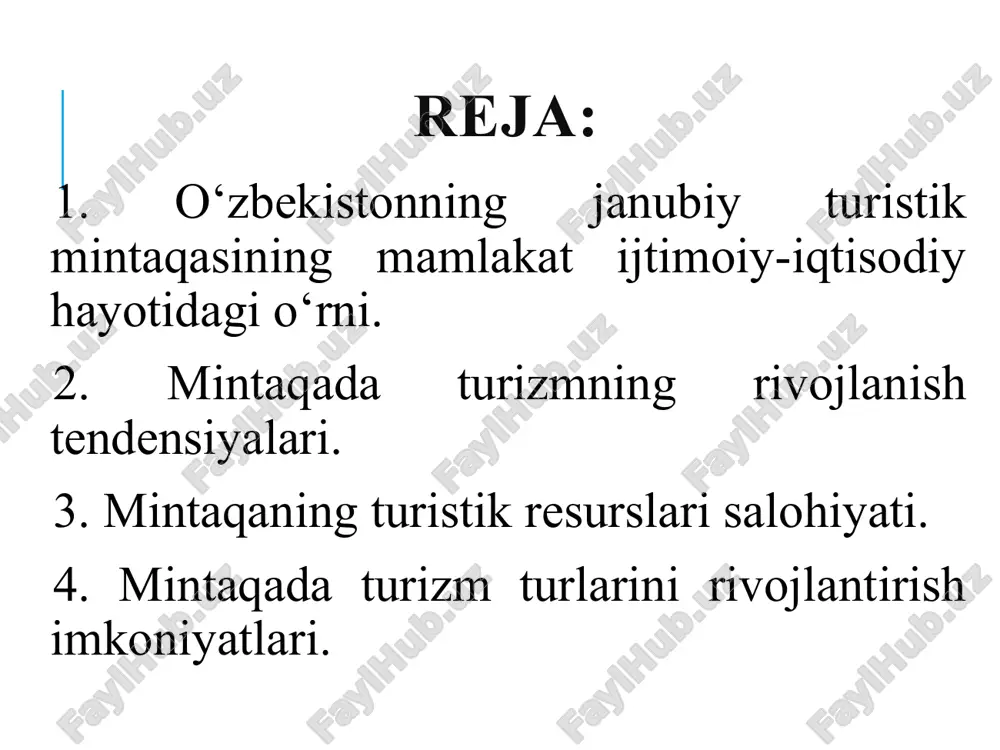 lomatligini tiklashda ahamiyati katta. yana rayondagi alohida muhofaza qilinadigan hududlar hisoblangan kitob geologik qo’riqxognasi, hisor, surxondaryo, payg’ambarorol davlat qo’riqxonalarida ekologik turizmni rivojlantirish imkoniyatlari mavjud. shuningdek, bu mintaqada yashayotganxalqning o’zoq o’tmish an’analari, san’ati, madaniyati va urf-odatlari mahalliy hamda xorij turistlarini qiziqtira oladi. 2. mintaqada turizmning rivojlanish tendensiyalari qashqadaryo rayoni o’zbekistonning janubiy qismida joy­lashgan bo’lib, u cho’l, dasht, tog’oldi va tog’li xududlardan iborat. bu rayonda yoz va bahor oylarida cho’l va dashtlarda, yilning barcha fasllarida esa tog’ oldi va tog’li hududlariga ekoturlar uyushtirish mumkin. qashqadaryo rayonida 1979 yilda tashkil etilgan, 3938 ga maydonga ega bo’lgan, mdh davlatlari ichida yagona - "kitob davlat geologiya qo’riqxonasi", 1992 yilda tashkil etilgan "muborak buyurtmaxonasi", 1992 yilda tashkil etilgan "sechenko’l buyurtmaxonasi" mavjud. qashqadaryo rayonida ekoturizmni tarixiy, diniy turizm bilan birgalikda olib borish uchun bir qancha arxitektura yodgorliklari va diniy qadamjoylar mavjud. hisor rayonida 1983 yilda tashkil toptan o’zbekiston respublikasi qishloq va suv vazirligiga qarashli, absolyut balandli­gi 1150-4349 …