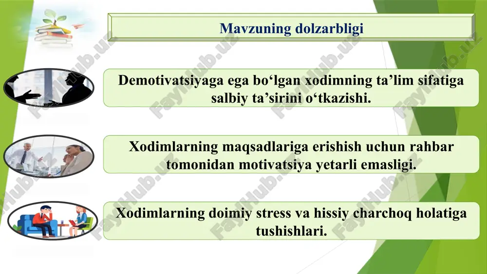 dali bo‘lishi mumkin bo‘lgan strategiyalarni taklif etadi. maktabda demotivatsiyaga ega bo‘lgan xodimlar bilan ishlash samaradorligini oshirish vazifalar: demotivatsiyaga ega bo‘lgan xodimlar bilan yakka tartibda suhbatlar olib borish. o‘zbekiston bo‘ylab tarixiy yodgorliklar va muzeylarga sayohatlarni tashkil etish. xodimlarning mehnatini qadrlash va ularni rag‘batlantirish. 6 muammo yuzasidan xorijiy tajribalarning o‘rganilganligi shvetsiyada sog‘lom ish muhitini yaratish o‘qituvchilarning motivatsiyasini oshirishning asosiy jihatlaridan biridir. kanadada o‘qituvchilar uchun psixologik qo‘llab-quvvatlash tizimi mavjud. bu tizim o‘qituvchilarning stress darajasini kamaytirishga va ularning ishga bo‘lgan ishtiyoqini tiklashga yordam beradi. yaponiyada o‘qituvchilarga nafaqat kasbiy, balki jismoniy va ruhiy qo‘llab-quvvatlash tizimi ham taqdim etiladi. bu o‘qituvchilarning ishga bo‘lgan ishtiyoqini oshiradi. mavzuning qiyosiy tahlil etilganligi № amaldagi holat (oʻzbekistonda) amaldagi holat (xorijda) taklif 1. oʻzbekistonda oʻqituvchilarning ish sharoitlarini yaxshilash va ularning motivatsiyasini oshirish uchun katta e’tibor berilmoqda shvetsiyada pedagoglar uchun qulay ish sharoitlarini yaratish oraqali o‘qituvchilarning motivatsiyasini oshirishga katta etibor qaratilgan o‘qituvchilarga zamonaviy sinf xonalari, interaktiv texnologiyalarni tashkil etish oraqali demotivatsiyaga ega …