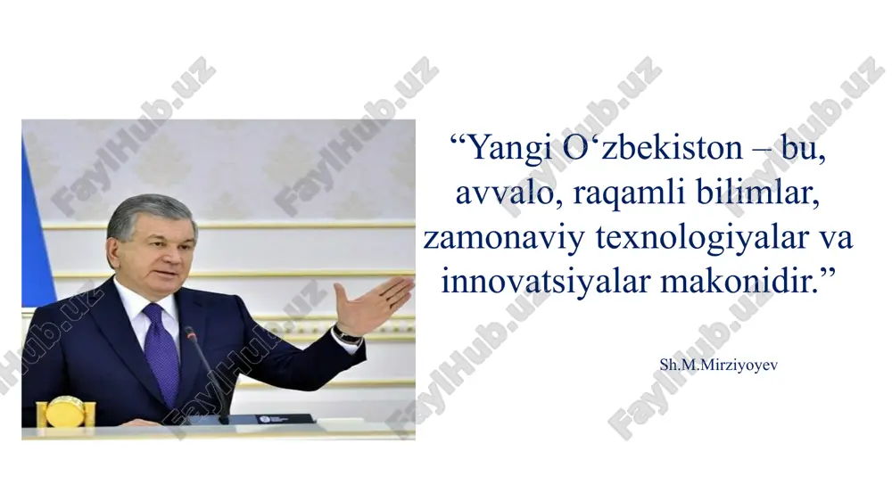 sh, baholash va tahlil qilish jarayonlarini raqamli tizimlar yordamida amalga oshirish. 4 ta’limiy elektron resurslar bazasini shakllantirish: maktab miqyosida o‘qituvchilar tomonidan yaratilgan dars ishlanmalari, elektron darslar, video darslar va boshqa raqamli materiallarni to‘plab, ulardan umumiy foydalanish tizimini yaratish. 01 oʻzbekiston respublikasining “taʼlim toʻgʻrisida”gi qonuni: 2020-yil 23-sentyabr, oʻrq-637-son meʼyoriy-huquqiy hujjatlar 02 oʻzbekiston respublikasi prezidentining “oʻzbekiston respublikasi xalq taʼlimi tizimini 2030-yilgacha rivojlantirish konsepsiyasini tasdiqlash toʻgʻrisida”gi farmoni: 2019-yil 29-aprel, pf-5712-son 03 “ta’lim-tarbiya tizimini yanada takomillashtirishga oid qo‘shimcha chora-tadbirlar to‘g‘risida” o‘zbekiston respublikasi prezidentining qarori, 06.11.2020 yildagi pq-4884-son 04 oʻzbekiston respublikasi prezidentining “2022–2026 yillarga moʻljallangan yangi oʻzbekistonning taraqqiyot strategiyasi toʻgʻrisida”gi farmoni: 2022-yil 28-yanvar, pf-60-son mavzuga oid adabiyotlar s.eshqobilov oʻquv-tarbiyaviy ishlarni boshqarishda axborot tizimlaridan foydalanish. metodik qoʻllanma – toshkent: a.avloniy nomidagi milliy-tadqiqot instituti, 2022. n.m.xamidova , d.sh.xolboyeva (2021). axborot-kommunikatsiya texnologiyalari va taʼlim. – toshkent: “fan va texnologiya” nashriyoti. m.m.to‘xtayeva (2020). elektron ta’lim tizimlari va ularning zamonaviy ta’limdagi o‘rni. – toshkent: tdpu nashriyoti. m.qodirova va boshqalar. (2022). …