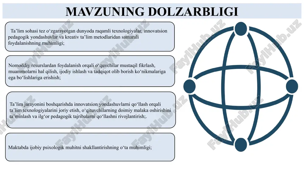 ruary 2024 by doston hamidov visible learning by john hattie ‎the sequel 2023 · ‎infographics archives · https://amzn.eu/d/isztxyo mavzuning maqsadi maktabda nomoddiy resurslardan samarali foydalanish orqali ta’lim sifatini yaxshilash. o‘quvchilarning intellektual va ijodiy salohiyatini rivojlantirish: o‘quvchilarga mustaqil fikrlash va innovatsion yondashuvlarni o‘rgatish. ijodiy to‘garaklar, tadqiqot loyihalari va fan olimpiadalarida ishtirok etishga rag‘batlantirish.o‘quvchilarning individual qobiliyatlarini aniqlash va ularni rivojlantirish uchun sharoit yaratish. vazifalar zamonaviy ta’lim metodlarini joriy etish: interaktiv dars usullaridan foydalanish (stem, steam, loyiha usuli). axborot texnologiyalari va raqamli resurslardan foydalanish. o‘qitish jarayonida ijodkorlik va muammolarni hal qilish ko‘nikmalarini shakllantirish. innovatsion boshqaruv tizimini shakllantirish: maktab rahbariyatining samarali boshqaruv strategiyalarini joriy etish. o‘qituvchilar va o‘quvchilar o‘rtasida ochiq muloqotni yo‘lga qo‘yish.ta’lim jarayonining sifatini baholash va takomillashtirish mexanizmlarini ishlab chiqish. o‘quvchilarda milliy va umuminsoniy qadriyatlarni shakllantirish:tarbiya jarayonida ma’naviyat va axloqiy qadriyatlarga alohida e’tibor qaratish. milliy madaniyat va an’analarni o‘quvchilar orasida targ‘ib qilish. ijtimoiy mas’uliyat va vatanparvarlik tuyg‘usini shakllantirish. mavzu yuzasidan xorijiy tajribalarning o‘rganilganligi …