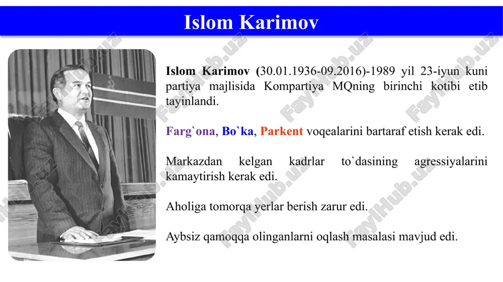 tasi qonuniy ravishda o`zbekiston tasarrufiga olindi. o`zbekiston respublikasi oliy kengashi 1991-yil 26 avgust kuni o`zbekistonning davlat mustaqilligi to`g`risida qonun loyihasini tayyorlash hamda 31 avgustda oliy kengash sessiyasini chaqirishga qaror qildi. mustaqillik qonuni mustaqillikni e’lon qilinishi o`zbekiston oliy kengashining xii chaqiriq navbatdan tashqari vi sessiyasi 1991-yil 31 avgustda o`z ishini boshladi. 1 sentyabr o`zbekiston respublikasining mustaqillik kuni deb belgilansin va 1991-yildan boshlab bu kun bayram va dam olish kuni deb e'lon qilinsin, deb qat'iy belgilab qo`yildi. mustaqillik yillari image1.png image2.jpeg image3.jpeg image4.jpeg image5.png image6.jpeg image7.jpeg image8.jpeg image9.jpeg image10.jpeg image11.jpeg image12.jpeg image13.jpeg image14.png image15.jpeg /docprops/thumbnail.jpeg