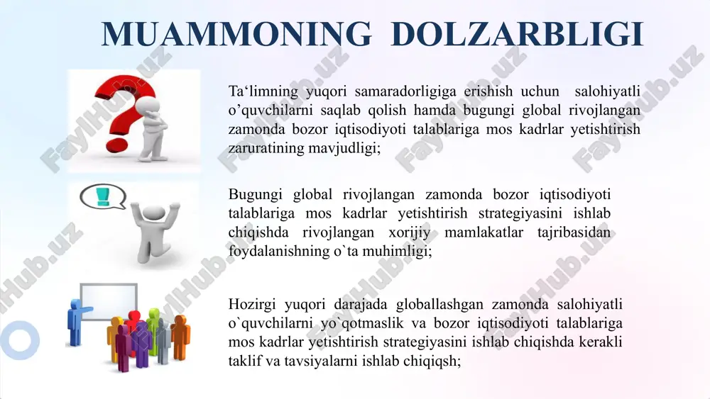 iyotlar liderlar kitobi. toshkent, 2022 94-120-betlar otabek xasanov shukur po`latov ta’lim menejmenti yoxud ta’lim tashkilotini ilmiy-metodik boshqarishga inovatsion yondashuv. o’quv qo’llanma. toshkent 2022. r.mavlonova, o.to`rayev, k.xoliqberdiyev. pedagogika. toshkent 2021 93-146-betlar maktabda marketing xizmatini tashkil etish orqali mavjud muammolarga tegishli taklif va tavsiyalar berish hamda tizimli mexanizm yaratish. maqsad vazifa fiziologik ehtiyojlarni qondirish xavfsizlikka oid ehtiyojlarini qondirish o‘zini namoyon qilish ehtiyojlarini qondirish qiziqishlarini qo’llab quvvatlash. ijtimoiy ehtiyojlarni qondirish mavzu yuzasidan xorij tajribalarning o`rganilganligi rossiya yaponiya finlandiya korxona va ta'lim o'rtasidagi hamkorlik; texnologik innovatsiyalarni targ`ib qilish; yoshlarni jalb qilish va kareraga tayyorlash. maxsus kurslar va dasturlar; korxonalar bilan hamkorlik; ta’lim ko’rgazmalari va seminarlari. har bir o’quvchi uchun teng imkoniyatlar; o’quvchilarning shaxsiy rivojlanishiga e’tibor; xalqaro hamkorliklar. qiyosiy tahlil t/r amaldagi holat (oʻzbekistonda) amaldagi holat (xorijda) taklif 1 maktab o’quvchilari o’rtasida ko’plab mavzularda seminar va treninglar tashkil etiladi. yaponiyada o'quvchilarni ish bozoriga tayyorlash uchun, ta'lim tizimida marketing asosida turli xil seminarlar va treninglar o'tkaziladi. …