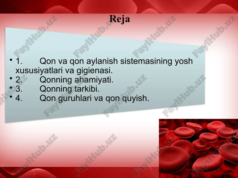 da muhim rol o‘ynaydi. trombotsitlar suyak ko‘migida mayda plastinka shaklida ishlab chiqarnib qonga o‘tadi. qon ivishi qonda erigan fibrinogen oqsilining erimaydigan fibrin ipchalari hosil bo‘lishidir. fibrinogen faol trombin fermenti ta’sirida fibringa aylanadi. qonda passiv protrombin bo'lib, u trombokinaza fermenti va kalsiy tuzi ta’sirida faol trombinga aylanadi. i faza: protrombin +ca+trombokinaza = trombin; ii faza: fibrinogen + trombin = fibrin. qonni ivishi qon guruhlari va qon quyish qonning 4 guruhi farq qilinadi. i guruhda - qizil qon tanachalarida agglyutinogen bo'lmaydi, shuning uchun bu guruh 0 deb nomlanadi. bu guruh plazmasida ikkita tabiiy agglyutinin a, ß bo‘ladi. ii guruhda - eritrotsitlarda agglyutinogen a, plazmada esa agglyutinin ß bo‘ladi. iii guruhda - eritrotsitlarda agglyutinogen b, plazmada agglyutinin a bo‘ladi. iv guruhda - eritrotsitlarda a va b agglyutinogenlar bo‘lib, qon plazmasida agglyutininlar bo‘lmaydi. rezus faktor. 1941-yilda nemis olimi landteyner tomonidan macacus phesis degan maymun qonida topilgan. kishilardan 86% ining qonida rezus-factor borligi, 14% ida …