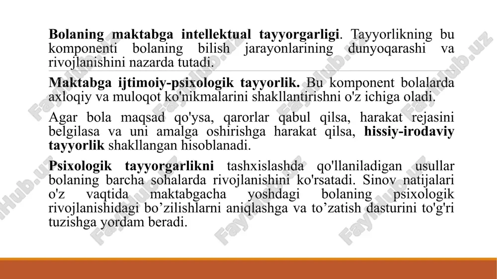 ida ko'p narsalarni bilib oladi. uning ongi nafaqat alohida tasvirlar, g'oyalar bilan to'ldirilgan, balki atrofdagi voqelikni yaxlit idrok etish va tushunish bilan tavsiflanadi. an'anaga ko'ra, maktab kamolotining uchta jihati bor: intellektual, hissiy va ijtimoiy. intellektual kamolot deganda tabaqalashtirilgan idrok (idrok yetukligi) tushuniladi, shu jumladan, fondan figurani tanlash; diqqatni jamlash; hodisalar orasidagi asosiy aloqalarni tushunish qobilyatida ifodalangan analitik fikrlash; mantiqiy yodlash imkoniyati; naqshni qayta tiklash qobilyati, shuningdek nozik qo'l harakatlari va sensorimotor koordinatsiyani rivojlantirish. aytish mumkinki, shu tarzda tushunilgan intellektual kamolot asosan miya tuzilmalarining funktsional kamolotini aks ettiradi. hissiy yetuklik deganda, odatda, impulsiv reaktsiyalarning pasayishi va unchalik jozibali bo'lmagan vazifani uzoq vaqt davomida bajarish qobilyati tushuniladi. ijtimoiy kamolotga bolaning tengdoshlari bilan muloqotga bo'lgan ehtiyoji va o'z xatti -harakatlarini bolalar guruhlari qonunlariga bo'ysundirish qobilyati, shuningdek, maktab sharoitida o'quvchi rolini o'ynash qobilyati kiradi. maktabda sen uchun eng qiziqarli narsa nima? a) dars b) baho olish sen bo`sh vaqtingda nima bilan shug`ullanishni yoqtirasan? a) …