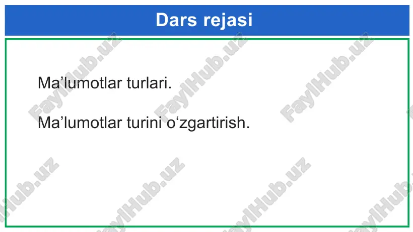 i tuzing. 2. quyidagi o‘zgaruvchilar turini aniqlang: alfa = 8764; beta = ‘lola’. 3. o‘zgaruvchi uchun qiymat kiritilganda, uning turini aniqlovchi dastur tuzing. image1.png image2.jpg image3.png