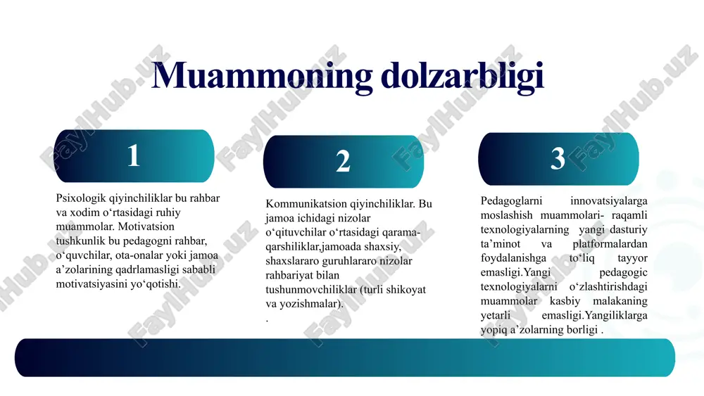 d pedagogik jamoani boshqarishdagi qiyinchiliklarni bartaraf etish yo‘llarini o‘rganish. pedagog jamoa a’zolari orasida ish samaradorligini oshirish va nizolarni oldini olish, sog’lom muhit, jamoa madaniyatini shakllantirish. liderlik va javobgarlikni taqsimlash jamoa a’zolarining motivatsiyasini oshirish texnologiyalardan va innovatsiyalardan foydalanish, ish jarayonini monitoring qilish va samaradorlikni oshirish vazifalar muammo yuzasidan xorijiy tajribalarni o‘rganilganligi janubiy koreyada o‘qituvchilarni boshqarish va rag‘batlantirish bo‘yicha mukammal tizim yo‘lga qo‘yilgan. bu davlatda o‘qituvchilar reytingi va natijalariga qarab rag‘batlantiriladi, ya’ni samarali ishlaydigan pedagoglar yuqori maosh va mukofotlarga ega bo‘ladi. aqsh maktablarida pedagoglarning mustaqil ishlash imkoniyati kengaytirilgan. ular o‘quv dasturlarini shakllantirish, metodlarni tanlash va yangi texnologiyalarni joriy etish bo‘yicha mustaqil qaror qabul qilish huquqiga ega. kanadada pedagoglar faoliyatini baholash tizimi shaffof bo‘lib, ularning samaradorligi faqatgina test natijalari yoki formal ko‘rsatkichlar bilan emas, balki o‘quvchilarning rivojlanishi va jamoaga qo‘shgan hissasi bilan ham baholanadi. qiyosiy tahlil etilganligi t/r amaldagi holat (o‘zbekistonda) amaldagi holat (xorijda) takliflar 1 maktablarda vazirlar mahkamasining 343-sonli qarori ijrosi bo’yicha …