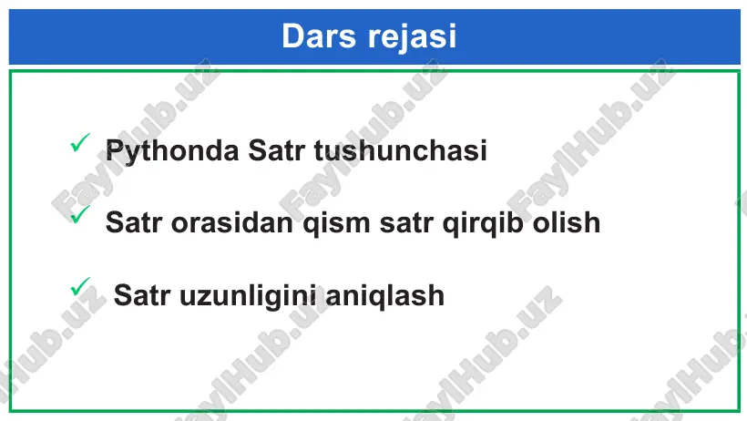 iqlash mumkin. phyton barcha belgi va probellar sonini o‘zi hisoblab chiqaradi. mustaqil bajarish uchun topshiriqlar 1. “gul”, “is”, “ton” qism so‘zlaridan so‘z yasang. 2. ismingizni ekranga 5 marta chiqarish dasturini tuzing. 3. sinf (masalan, 9) va ism (masalan, dilshod) foydalanuvchi tomonidan kiritiladi. “men 529-guruh talabasi – dilshodman” satrini chiqaruvchi dastur chizing. image1.png image2.png image3.png image4.png image5.png image6.png