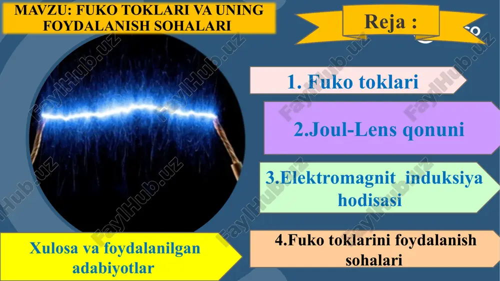 g yo`nalishi bilan bir xil bo`ladi. o'zgaruvchan tok zanjirida o`tkazgichlardagi o`tkazuvchanlik tokining chiziqlari kondensator plastinkalari oralig’idagi siljish tokining chiziqlariga ulanib ketadi. siljish toki ham, xuddi o`tkazuvchanlik tokiga o`xshash fazoda uyurmaviy magnit maydonni vujudga keltiradi. qo`zg’almas kontur bilan chegaralangan yuz orqali o`tuvchi magnit maydonning o`zgarishi magnit induksiya vektoridan vaqt bo`yicha olingan hosila orqali xarakterlanadi. magnit maydonini hosil qila oladigan uyurmali elektr maydonini maksvell siljish toki deb atadi. siljish tokining vujudga kelishi uchun zarrachalarning tartibli ko’chishi emas, balki o’zgaruvchan elektr maydoni bo’lishi kifoyadir. siljish toki elektromagnit induksiya hodisasi o’tkazgichning magnit induksiya oqimini kesib o’tishi yoki yopiq kontur qamragan magnit induksiya oqimining o’zgarishi hisobiga o’tkazgich yoki konturda eyukning hosil bo’lishi elektromagnit induksiya hodisasi deyiladi konturda hosil bo’ladigan tok induksion tok deb ataladi. induksion tokning asosiy xususiyatlari: 1. induksion tok doimo kontur bilan bog’langan magnit induksiyasi oqimi o’zgargan holda hosil bo’ladi. 2. induksion tokning kuchi magnit induksiyasi oqimi o’zgarishining usuliga bog’liq bo’lmay, magnit oqimining …