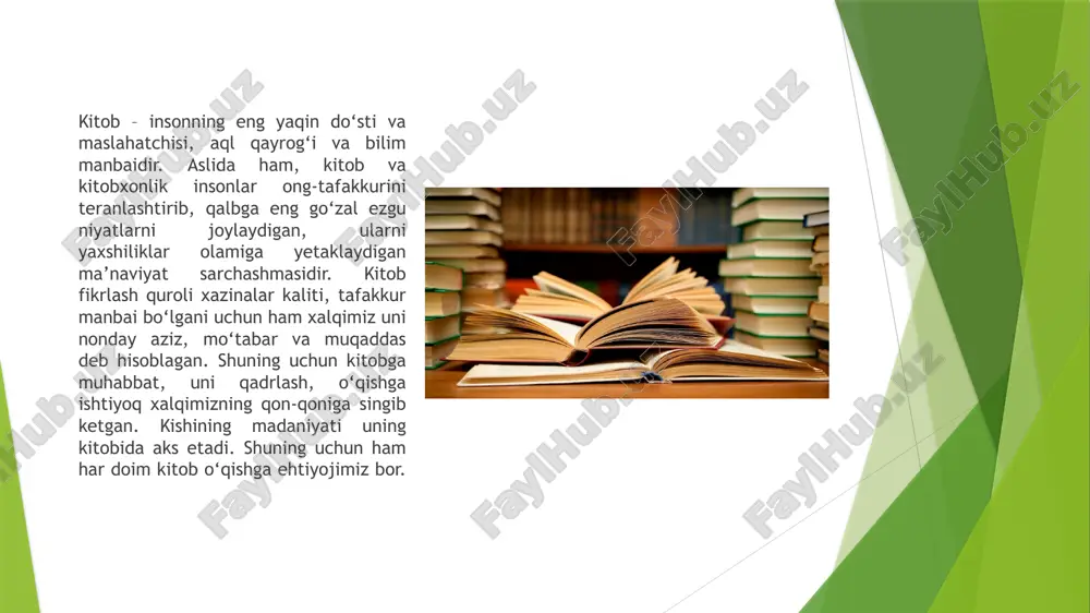 ydi, shirin xayollar surishga, eng asosiysi, odamlarni tushunishga, kechirishga, ezgulik sari intilib yashashga undaydi. kitoblar qalbimizni ilitadi, ko‘nglimizni yoritadi, baxtli va saodatli, nurli kunlarga boshlaydi. “ ” kitob - bu oftob, u bilimlar sarchashmasidir. kitobni inson tafakkurining qanotlariga o‘xshatishgan. zero, tafakkuri, fikr doirasi keng ma’rifatli kishilar jamiyatning chinakam boyligidir. aksincha, hayotda ro‘y berib turadigan ayrim noxushliklar ildizi esa ma’rifatsizlik, kitob o‘qimaslikning achchiq mevasi. temirni zang kemirganidek, odamni ham ma’naviyatsizlik mo‘rt qiladi. ma’naviyat esa insonga kitob o‘qish orqali yuqadi. har qanday yangilik ham bir kun eskiradi, biroq insoniyatning ming-ming yillar davomida qo‘lga kiritgan aqliy hamda fikriy durdonalarini o‘zida jamlagan kitoblar aslo eskirmaydi. kitob o’qishning biz bilgan va bilmagan 10 ta foydasi 1. o‘qish yangi va noyob fikrlar tug‘ilishiga yordam beradi. 2. o‘qish inson fikrini jamlaydi va diqqat markazini oshiradi. 3. o‘qish tasavvurni oshiradi. 4. o‘qish chet tilini o‘rganishni osonlashtiradi. 5. birgalikda kitob o‘qish ota-onalar va bolalarning o‘zaro munosabatlarini yaxshilaydi. inson o‘z …