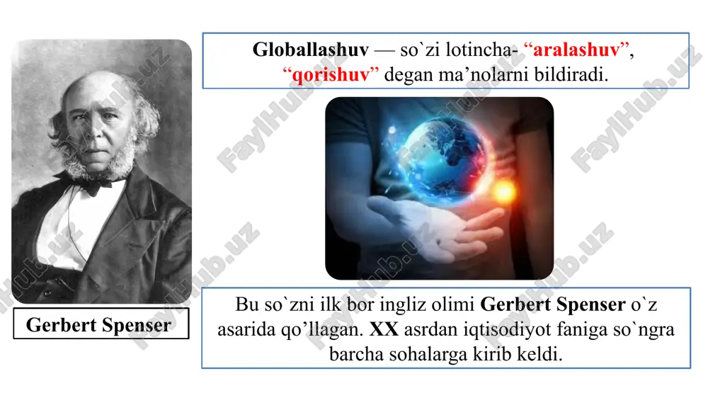 `rin. rang-barang tabiiy boylikka ega. salbiy tomoni: iqtisodiyotning umum modelini mustahkamlash, oltin zahirani kamayishi, kichik biznesni vayron bo`lishi, raqobatning zaiflashuvi, turmush darajasining pasayishi va boshqalar. ijobiy tomoni: davlatlar o'rtasida iqtisodiy hamkorlikni rivojlantirish, insoniyatning ilg'or yutuqlarini joriy etish, resurslarni tejash. salbiy tomoni: dunyo boyliklari sanoqli odamlar qo`lida to`planadi. jahon bozori to`la egallanadi. jahon va ichki iqtisodiyot sanoqli davlatlar tomonidan boshqariladi. salbiy tomoni: transmilliy kompaniyalar barcha hududni egallaydi. mahalliy iqtisodiyot o`ladi. madaniy globallashuv dunyoda madaniyatlarni yaqinlashuvi va xalqaro aloqalarning o'sishi. bu butun dunyoda milliy madaniyatning ommalashtirishga olib keladi. boshqa tomondan, ommabop xalqaro madaniy hodisalarni xalqaro darajaga olib chiqishi mumkin. ko'pchilik bu milliy qadriyatlarni yo'qotish deb hisoblaydi va uni qayta tiklash uchun kurashadi. madaniy globallashuv filmlar ko'plab mamlakatlarda bir vaqtning o'zida namoyish etiladi. kitoblar barcha tillarga tarjima qilinadi va talabga qarab sotiladi. madaniy globallashuv madaniy globallashuv internet madaniy globallashuvda katta rol o'ynaydi. bundan tashqari, xalqaro sayyohlik tobora kengayadi. tadqiqot natijalariga ko'ra, globallashuv jarayonida …