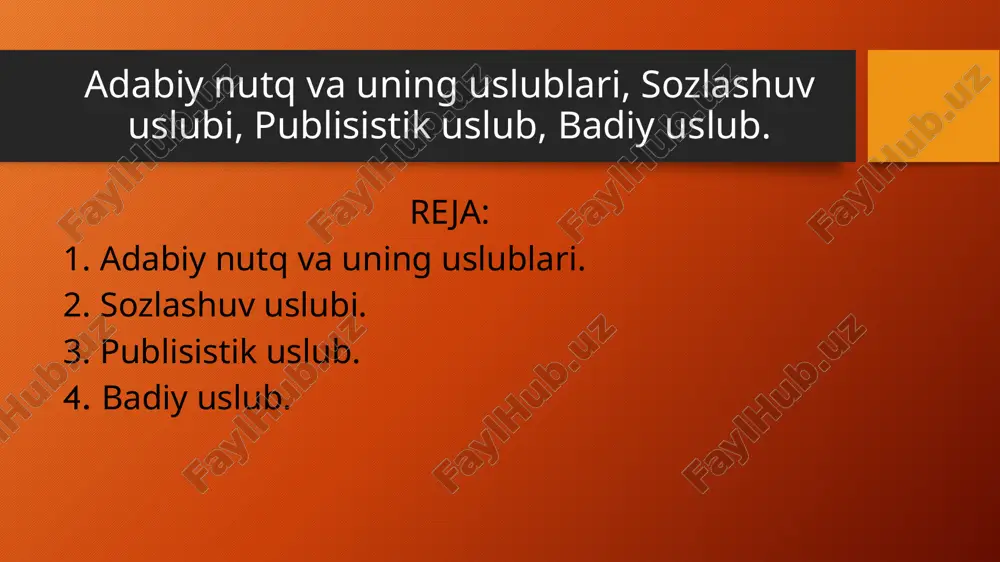 li gaplardan foydalaniladi. ilmiy uslub fan-t e xnikaning turli tarmoqlariga doir ilmiy asarlar, darsliklar ilmiy uslubda yoziladi. ilmiy uslub fan, texnika va ishlab chiqarish bilan bog`liq vazifaviy uslubdir. u o`z ichida yana ilmiy texnikaviy, ilmiy-hujjat, ilmiy-ommabop, o`quv-ilmiy kabi bir necha sof ilmiy turlarga bo`linadi. ilmiy uslubning hozirgi zamon taraqqiyoti bilan bog`liq ravishda quyidagi umumiy xususiyatlari bor: 1) axborotning obyektivligi, aniqligi; 2) nutqning malumotlarga boyligi; 3) fikrning lo`nda, qisqa ifodalanishi; 4) muallif individualligining sezilmasligi; 5) emotsionallik, obrazlilikning bo`lmasligi; 6) atama, chizma, ramz va jadvallarning bo`lishi; 7) matnning siqiq sintaktik qurilmalardan tuzilishi; 8) adabiy til meyorlariga qatiy amal qilinishi; 9) fikrlarning mantiqiyligi va qatiy tartibda bo`lishi; sozlashuv uslubi. so`zlashuv uslubi. oilada, ko`cha-ko`yda kishilarning fikr almashish jarayonida qo`llanadigan nutq uslubi so`zlashuv uslubi sanaladi. so`zlashuv uslubi adabiy va oddiy so`zlashuv uslublarini o`z ichiga oladi. so`zlashuv uslubi. oilada, ko`cha-ko`yda kishilarning fikr almashish jarayonida qo`llanadigan nutq uslubi so`zlashuv uslubi sanaladi. so`zlashuv uslubi adabiy va oddiy so`zlashuv …