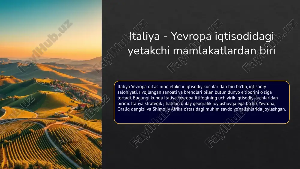 inasozlik sanoati o'z mahsulotlari bilan butun dunyo bozoriga chiqib bormoqda. avtomobilsozlik, transport vositalari ishlab chiqarish, kimyo sanoati va metallurgiya italiya sanoatining asosiy yo'nalishlaridan hisoblanadi. elektrotexnika italiya elektron va elektrotexnika sanoati asosan elektr uskuna va asboblarni, jumladan, oshxona buyumlari, uyda foydalaniladigan mahsulotlarni ishlab chiqaradi. shuningdek, mamlakat kompyuter va telekommunikatsiya texnologiyalari sohasida ham rivojlanib bormoqda. to'qimachilik to'qimachilik italiya iqtisodiyotining muhim tarmog'i bo'lib, mamlakat ishlab chiqarayotgan kiyim-kechak, to'qima, gilam kabi mahsulotlar butun dunyoda mashhur. ushbu soha ko'plab brendlar va dizaynerlarni o'z ichiga oladi. oziq-ovqat italiya oziq-ovqat sanoati jahonda taniqli bo'lib, pishloq, vyno, makaron, meva-sabzavotlar kabi mahsulotlari bilan mashhur. italiya brendlari xalqaro miqyosda yetakchi o'rinlarni egallaydi. 5 energetika va ekologik texnologiyalar italiya energetika sohasida tiklanadigan energiya manbalarini rivojlantirishga katta e’tibor qaratadi. quyosh, shamol va geotermal energiya mamlakatning asosiy ekologik manbalaridir. quyosh energiyasi ishlab chiqarishda italiya evropaning yetakchi davlatlaridan biri hisoblanadi, shamol turbinalari esa janubiy hududlar va orollarda keng tarqalgan. yirik kompaniyalar, masalan, enel va …