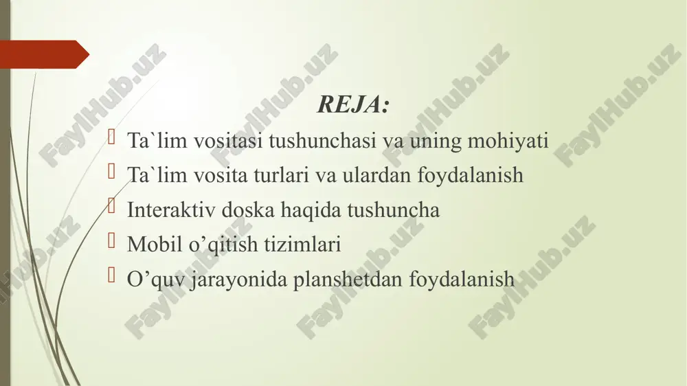 ar dars paytida didaktik funksiyaga ega bo`lsa, o`quv vositasi sifatida qo`llanilishi mumkin. ta`lim vositalaridan foydalanishda ularni muayyan maqsad, mo`ljallangan guruh, maxsus soha va metodlarga mos holda tanlash muhim o`rin tutadi. bundan tashqari ta`lim beruvchi o`quv va ko`rgazmali vositalarni ishlata olishni va ulardan maqsadga muvofiq va oqilona tarzda foydalanishni bilishi kerak. texnik vositalardan foydalanayotganda yuzaga keladigan texnik muammolarni hal qila oladigan bo`lishi lozim. ta`lim jarayonida texnik vositalardan foydalanish juda muhim o`rin egallaydi. ushbu vositalar yordamida mashg`ulotlarni zamonaviy talablarga javob beradigan tarzda olib borish hamda ta`lim oluvchilarning diqqatini jalb etishda keng foydalanish mumkin. texnik vositalar ma`lumotlarni vizuallashtirishga yordam berib, kerakli tasvir va matnlarni yozib olish va saqlash imkonini beradi. ta`lim beruvchilar doska tasvirlari, flipchart tasvirlari va kodoskop slaydlari kabi vizual vositalarni o`zlari ishlab chiqadilar. shu sababli bunday vositalardan foydalanish qoidalari, ularning afzallik va kamchiliklarini hisobga olish lozim. quyidagi materiallarda bo`r doska, flipchart, kodoskop, pinbord doskasi va videoproyektor kabi texnik vositalardan foydalanish bo`yicha …