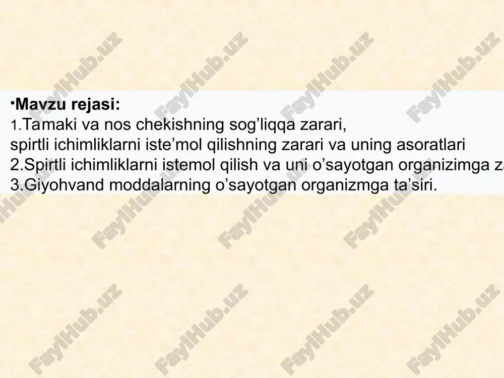 r, jismoniy xamda jinsiy o’zgarishlarga olib keladi. voz (xalqaro sog’liqni saqlash tashkiloti) 1991 yil giyoxvand moddalar toifasiga quyidagilarni kiritdi: jahon sog’liqni saqlash tashkiloti (voz) ta’biriga ko’ra narkotik moddalar deb quyidagi mezon-o’lchov belgilangan narkomaniyani –giyohvandlikni oldini olishlik 1. narkotiklarni tibbiyot amaliyotida qo’llashliklarni kuchli nazorat ostiga olishlik. 2. qonunga xilof ravishda narkotik moddalarni yetishtirish va ishlab chiqarilishiga yo’l qo’ymaslik. 3. narkotik moddalarga ega bo’lishlik. 4. narkotik moddalarni saqlash. 5. narkotik moddalarni bir joydan boshqa joylarga etkazish. 6. narkotik moddalarni o’tkazish va sotish. 7. narkotik moddani ayrim shaxslar tomonidan sun’iy holda ishlab chiqarishlikka yo’l qo’ymaslik. 8. ko’knori o’simligini o’stirib etkazish va boshqalar. yuqorida qayd etilgan masalalarning hammasi shaxsiy javobgarlikka tortish uchun asos hisoblanadi. va eng muhimi narkomaniyaning oldini olish — spid (oits) va vich-infektsiyadan-saqlanishdir. narkomaniyaning boshlanishiga sababchi bo’lgan omillar avvalo aytish mumkinki, narkotik moddalarga o’rganib, giyohvand bo’lib qolishlikning sabablari anchagina. masalan: 1) dastavval boshqalardan ko’rib shunga intilishlik; 2) kayf qilishilikka xavas bilan qarashlik; …