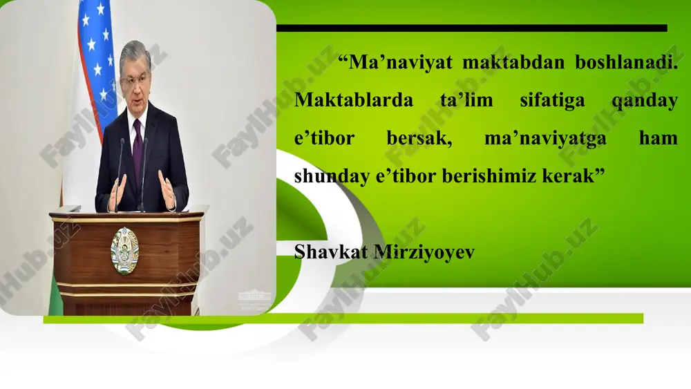 li ta’lim muhitida axloqiy qadriyatlarni shakllantirish yo‘llarini aniqlash maktabdagi axloqiy va milliy qadriyatlarning real holatini baholash pedagogik jamoada axloqiy va milliy qadriyatlar targ’ibotini olib borish vazifalar 7 xorijiy davlatlar tajribalari kanada - maktablarda demokratiya, tenglik, inson huquqlari va ijtimoiy adolat bo’yicha maxsus dasturlar mavjud. o’quvchilarga internet madaniyati va axloqiy qadriyatlar o’rgatiladi niderlandiya - ta’lim tizimi ochiqlik, erkinlik va ijtimoiy ma’suliyat kabi qadriyatlarni shakllantirishga asoslangan. o‘quvchilarga tanqidiy fikrlash va ijtimoiy adolat muhim qadriyat sifatida o‘rgatiladi yaponiyada - “gakko seikatsu” - maktab hayoti madaniyati dasturi asosida o‘quvchilarda jamoaviy ma’suliyat va o‘zaro yordam tushunchasi rivojlantiriladi. maktab hayotida axloqiy va ijtimoiy qadriyatlar doimiy ravishda singdiriladi t/r amaldagi holat (o‘zbekistonda) amaldagi holat (xorijda) takliflar 1 ta’lim muassasalarida axloqiy tarbiya, milliy urf odatlarni targ‘ib qilish, ota onalar bilan hamkorlik qadriyatlari shakllangan kanada - maktablarda demokratiya, tenglik, inson huquqlari va ijtimoiy adolat bo‘yicha maxsus dasturlar mavjud. o‘quvchilarga internet madaniyati va axloqiy qadriyatlar o‘rgatiladi faol fuqarolik axloqiy tarbiya …