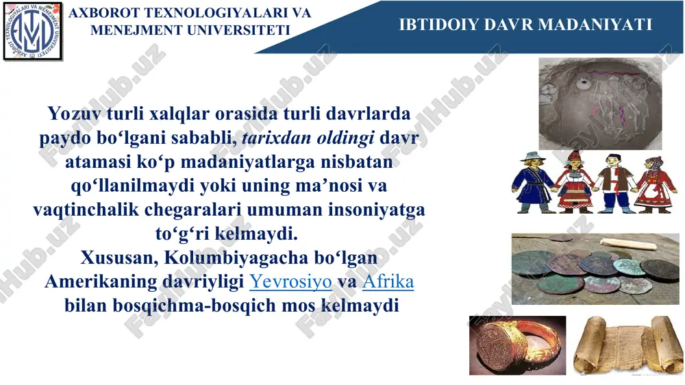 hilik insoniyat faoliyatida hukmronlik qilgan, xususiy mulk boʻlmagan, tenglik mavjud edi. ibtidoiy davr madaniyati vahshiylik bosqichida dehqonchilik va chorvachilik paydo boʻladi, xususiy mulk va ijtimoiy ierarxiya vujudga keladi uchinchi bosqich — sivilizatsiya davlat, sinfiy jamiyat, shaharlar, yozuv va boshqalarning paydo boʻlishi bilan bogʻliq axborot texnologiyalari va menejment universiteti eng rivojlangan davrlash arxeologik boʻlib, u texnogen asboblarni, ularning materiallarini, turar-joy shakllarini, qabrlarni va boshqalarni taqqoslashga asoslangan. ushbu tamoyilga koʻra, insoniyat tarixi asosan ilk tosh davri, oʻrta tosh davri, soʻngi tosh davri, oʻrta tosh davri, yangi tosh davri, yangi tosh davri (barcha xalqlar emas), mis davri boʻlinadi barcha xalqlar) bronza va temir davri ibtidoiy davr madaniyati axborot texnologiyalari va menejment universiteti paleolit ilk paleolit — eng qadimgi inson turlarining paydo boʻlishi va homo erectusning keng tarqalishi davri. oʻrta paleolit — erektusning evolyutsion jihatdan rivojlangan inson turlari, shu jumladan zamonaviy odamlar tomonidan siljishi davri. neandertallar butun oʻrta paleolit davrida yevropada hukmronlik qildilar. soʻngi …