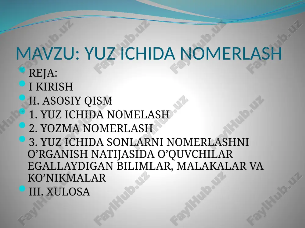 kmalarga ega bo’lishlari kerak: umumiy matematik tushunchalar; fikrlar, “va”, “yoki”, “emas” so’zlarining ma’nosi; kvantorlar haqida tushuncha; to’plamlar va ular orasidagi munosabatlar; munosabat va moslik haqida tushunchalar; sonlarning o’nli sanoq sistemasidagi yozuvini o’zlashtirish; o’nli sanoq sistemasida ko’p xonali sonlar ustida arifmetik amallar bajarish, puxta hisoblash ko’nikmalarni hosil qilish; manfiy bo’lmagan butun sonlarning bo’linuvchanligi; bir o’zgaruvchili tenglama va tengsizliklarni yechish; matematika o’qitish metodikasi fanining boshqa fanlar bilan bog’liqligi; boshlang’ich matematika fanining tuzilish xususiyatlari; boshlang’ich sinf matematika fanining dasturi, dts, o’qituvchi va o’quvchilar uchun nashr etilgan o’quv qo’llanmalarining mazmunini bilish; ko’rgazma qurollar va texnika vositalaridan foydalanish; matematika fanidan ma’lum bo’lim va mavzularni o’rgangandan so’ng biror darsning ishlanmasini tuzish; sinfdan tashqari ishlarni tashkil qilish xususiyatlari, ularning turlari. fanni o’rganish natijasida o’quvchilar quyidagi bilimlarga ega bo’lishlari kerak: matematika o’qitish metodikasining maqsad va vazifalarini, tarkibiy qismini; matematik jumlalarni to’g’ri tuzish va ifoda etish; natural son va nol to’g’risidagi tasavvurlarni shakllantirish, tartibiy natural sonlarning ma’nosi. narsalarni sanash …