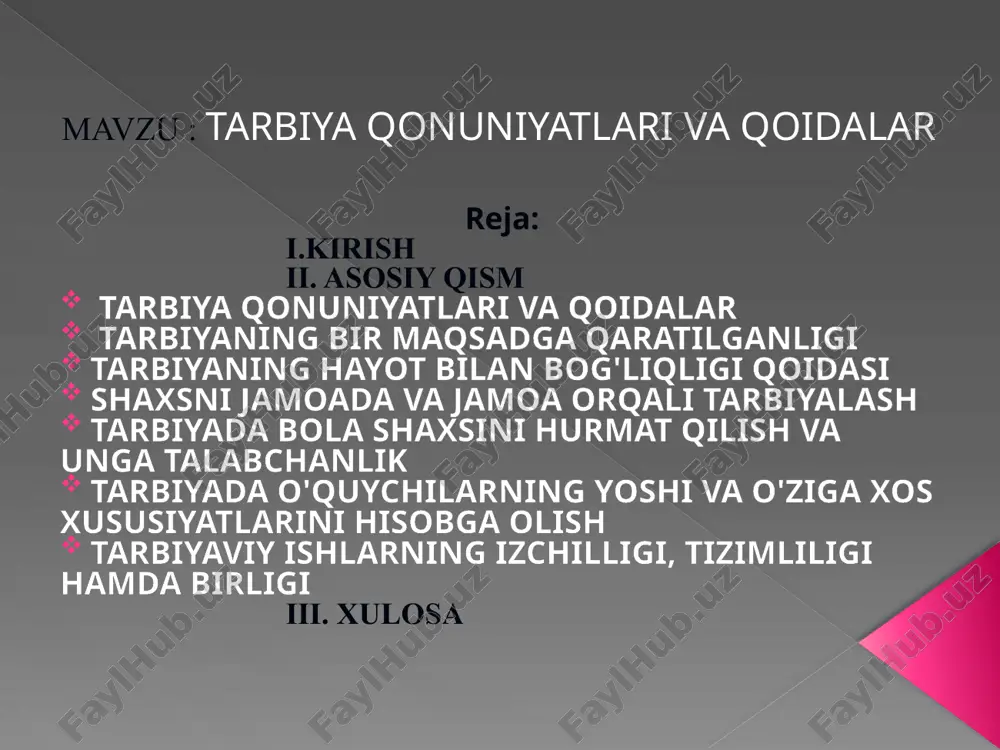 lish va amalga oshirish; o`qituvchilar ilg`or ish tajribalarini o`rganish va umumlashtirish; o`quvchilar bilimini nazorat qilish, baholayotganda ichki va tashqi jihatdan izohlash; o`quvchilar jamoasi, o`quvchilar faollari va ayrim o`quvchilar bilan yakka tartibda ishlash; o`quvchilar bilan olib boriladigan tarbiyaviy ishlarning shakllari (suhbat, axborot, bayramlar, ertaliklar va h.k) uchun manba tanlash; tarbiya ishlarini rejalashtirish, o`quvchilar hatti-harakatlarini kuzatish va tahlil qilish; sinfda ayrim guruhda o`quvchilarning o`zaro ijobiy aloqalarini shakllantirish; o`z ishining natijalarini tahlil qilish, yutuq va kamchiliklarini aniqlash, kamchiliklarni yo`qotish yo`llari; maktab ish hujjatlarini yuritish. kirish fanni o`rganish natijasida o`quvchilar quyidagi bilimlarga ega bo`lishlari kerak: - o`zbekiston respublikasi ta`lim tizimi; barkamol shaxsni tarbiyalash yo`llari; ta`lim jarayonida qo`llaniladigan metodlar; ta`lim jarayoni mohiyati va mazmuni; ta`limni tashkil etish metod va yo`llari; ota-onalar va jamoatchilik bilan hamkorlikda ishlash shakllari; ta`limni sinfdan va maktabdan tashqari turlariga rahbarlik qilish; pedagogik adabiyotlarni tahlil qilish; dastur mazmunidan mashg`ulot uchun zarur bo`lgan qismni ajrata bilish va mashg`ulot uchun ishlanma tuzish; o`z ishining …