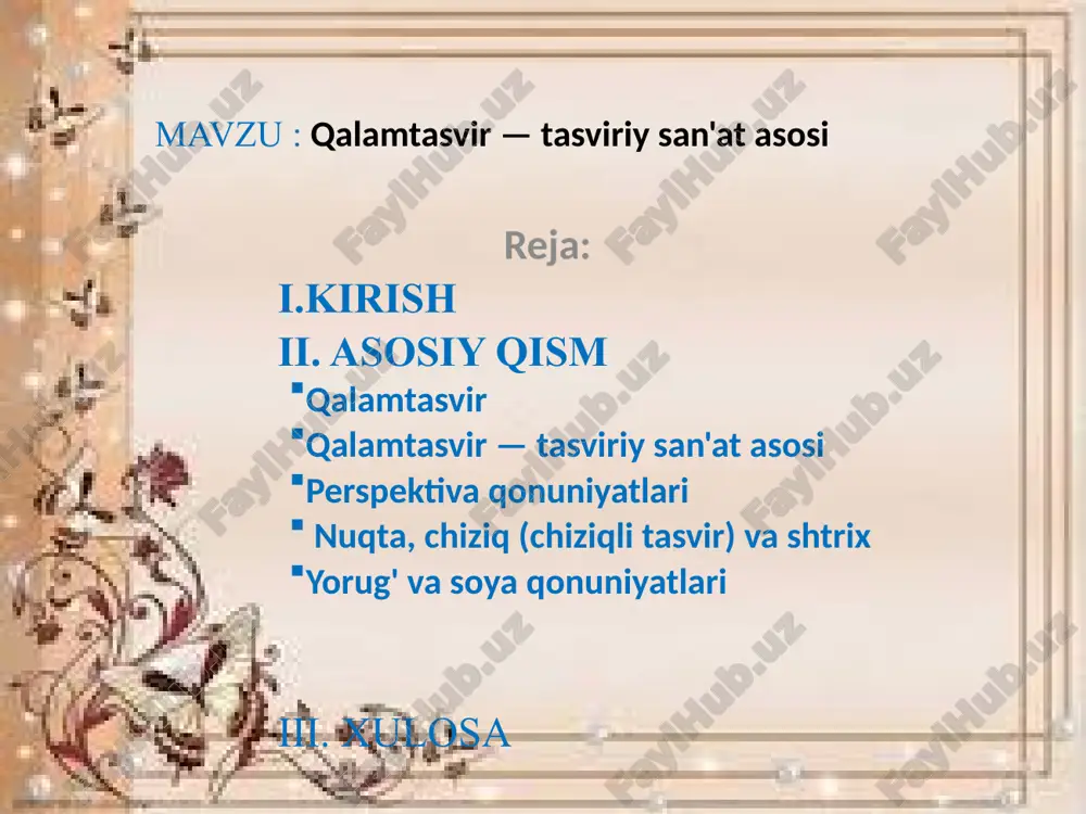 ni qo'ymoqda. bu talablarning asosiylari quyidagilardan iborat: darsda ta'limiy-didaktik, tarbiyaviy, rivojlantiruvchi maqsad- larni to'g'ri qo'ya bilish va ularni amalga oshirish. darsda ta'limning faol usul va uslublarni qo'llay bilish. 3. dars jarayonida xalq pedagogikasi an'analarini, jahon pedagogikasi, ruhshunosligi borasida yaratilgan yangiliklarni sintetik tarzda ishlatish. «zamonaviy talablar» tushunchasi san'at va fan sohasidagi yutuqlar janliyatning rivojlanish darajasini hisobga olgan holda, darsga qo'yilgan talablar bo'lib, tasviriy san'at o'qitishning maqsad va vazifalariga mos tarzda keyingi o'quv-kasbiy hamda pedagogik faoliyatiga tayyorlashda xizmat qilishni bildiradi. tasviriy san'at darslarida milliy merosimiz, qadriyatlarimiz, madaniyatimiz, san'atimiz, buyuk ajdodlarimiz o'gitlari, hikmatga tola hadislarimiz, asotirlar, rivoyatlardan unumli foydalanib borish maqsadga muvofiqdir. ma'lumki, keyingi yillarda tajribali metodist olimlar, ruhshu-noslar va amaliyotchi-o'qituvchilarning o'quv jarayonini tahlil qilish sohasida o'tkazilgan tadqiqotlari dars samaradorligini oshi-rishi, pedagogik va didaktik shart-sharoitlarga bog'liq ekanligini ko'rsatmoqda. eng muhim shart-sharoitlar quyidagilar: - yangi avlod darsliklari, didaktik va metodik o'quv ko'rgazmali qurollar hamda o'qitishning innovatsion, pedagogik va axborot texnologiya vositalari bo'lishi; o'qituvchi bilan …