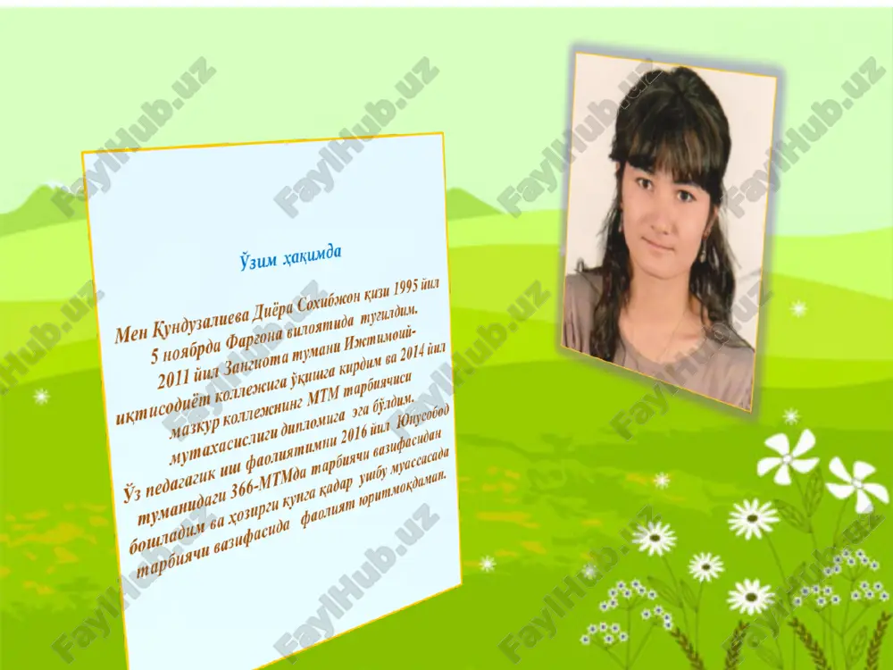 , “mana senga kuk lego”, “mening mashinamga 10 ta odam sig'adi ”, “nima uchun buzilib ketdi?, chunki sen tagiga ko'p g'isht qo'ymading, tagi kichikgina bo'lib qoldi”va boshqa jumlalarni eshitasiz. demak bolalar muloqotida ayirish, qo'shish, kattalikni bilish, taqqoslash kabi matematik iboralar ishlatiladi va ilk matematik tasavvurlar kengayib boradi. o'z ishlarini taxlil qilishni o'rganadi. “syujetli –rolli o'yinlar va drammalashti-rish” markazi markazni bolalar iqtidorini namoyon bo'lishiga, o'z mahoratini ko'rsatishi uchun juda qulay muhit. bu markazni bolaning “men”ini shakllantiruvchi markaz deb ham atash mumkin. markazdagi barcha jihozlar bolalar hayotida uchraydigan jihozlar bo'lib, o'yin jarayonida bola ulardan foydalanishni o'rganadi, kasblar bilan yaqindan tanishish imkoniga ega. o'yinlarda oila a'zolarining o'zaro munosabatlari aks etadi va ular orqali ahloqiy tarbiya olish ( tarbiyachi uchun esa oiladagi muhitni o'rganish )imkoni mavjud. . “ilm –fan va tabiat” markazi tajriba sinov maydonchasida o'tkazilayotgan tajribalar bolalarda kiziqish uyg'otadi va yangi ixtirolar qilishga undaydi.bu markaz bolalarni tabiat va undagi xodisalarni bilish uchun eng …