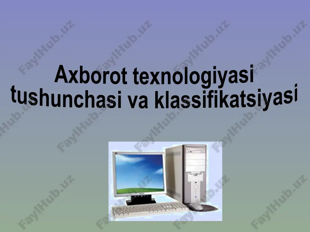 tish mumkin: mexnat, texnologik va ishlab chiqarish jarayoni vositalarini kompleks avtomatlashtirish. ilmiy tadqiqotlar, loyihalash va ishlab chiqarish axborotlashtirish. tashkiliy-iqtisodiy boshqarishni avtomatlashtirish. axoliga xizmat ko’rsatish soxasini axborotlashtirish. ta’lim va kadrlar tayyorlash jarayonini axborotlashtirish. axborot texnologiyalarning rivojlanish bosqichlari 1-bosqich. xix asrning ikkinchi yarmigacha davom etgan. bu bosqichda «qo‘llik» axborot texnologiya taraqqiy etgan. uning vositasi: pero, siyoxdon, kitob. kommunikatsiya, ya'ni aloqa odamdan odamga yoki pochta orqali xat vositasida amalga oshirilgan. 2-bosqich. xix asrning oxiri, unda «mexanik» texnologiya rivoj topgan. uning asosiy vositasi yozuv mashinkasi, arifmometr kabilardan iborat. 3-bosqich. xx asr boshlariga mansub bo’lib, «elektromexanik» texnologiyalar bilan farq qiladi. uning asosiy vositalari sifatida telegraf va telefonlardan foydalanilgan. bu bosqichda axborot texnologiyasining maqsadi ham o‘zgardi. unda asosiy urg‘u axborotni tasvirlash shaklidan, uning mazmunini shakllantirishga ko‘chirildi. axborot texnologiyalari rivojlanish bosqichlari 4-bosqich. xx asr o‘rtalariga to‘g‘ri kelib, «elektron» texnologiyalar qo‘llanilishi bilan belgilanadi. bu texnologiyalarning asosiy vositasi ehmlar va ular asosida tashkil etiladigan avtomatlashtirilgan boshqarish tizimlari va axborot …