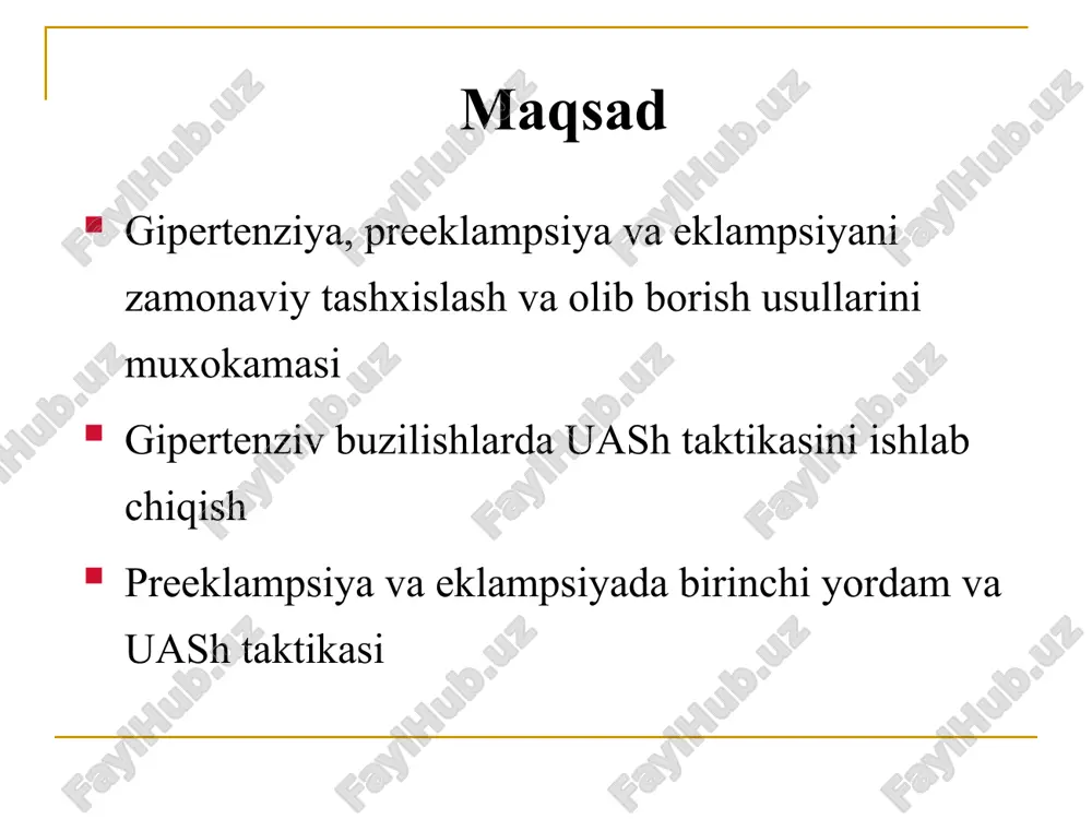 n happen with normal blood pressure in 20% of women. maxsus klinik vaziyatlarda arterial gipertenziya rezistent arterial gipertenziya – tavsiya etilgan davolash taktikasini qo‘llagan holda, saqb 110 mm.sm.ust. boʻlsa: gidralazin (apressin) akb normallashguncha xar 5 dak.da v/i 5mgdan. takroran xar soatda 5mg v/i yoki xar 2 soatda 12,5mg m/i labetolol nifedipin (korinfar, adalat 5mg til ostiga, 10 dak. soʻng a/b pasaymasa, yana 5mg til ostiga) 1a.homiladorlik vaqtida uzoq vaqt davomida ag.ni davolash uchun eng yaxshi tanlov vositasi- metildopa(dopegit) asoslar: agar daqb > 110 mm sim.ust. boʻlsa, antigipertenziv vositalar yuborishni boshlang miyaga qon quyilishining oldini olish uchun daqb - 90-100 mm rt. st. miqdorda saqlab turing * * when a patient seizes, it is important to ensure that the airway is clear, oxygen is being delivered to the tissues and the patient cannot harm herself. treatment includes antihypertensives and anticonvulsants. antihypertensives include hydralazine, labetolol and nifedipine. the goal is to lower …