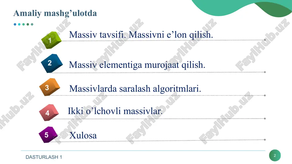 ] > a[j+1] ) { s = a[j]; a[j] = a[j+1]; a[j+1] = s; } } // natijaviy massivni chiqarish } a[i] dan katta elementlar qo'yildi i a[j] va a[j+1] o'zgartiramiz nima uchun sikl i #include using namespace std; int main() { int n, i , j, c; int a[100]; cin>>n; for (i=0; i >a[i]; . . . for (i=0; i =i;j--) if (a[j]>a[j+1]) { c = a[j]; a[j] = a[j+1]; a[j+1] = c; } } dasturlash 1 * matritsa matritsa — bu bir turdagi elementlardan tuzilgan, umumiy nomga ega bo'lgan jadvaldir. har bir element ikkita indeksga ega – satr nomeri va ustun nomeri. matritsa — bu dasturda ikki o'lchovli massivdir. const int n = 3, m = 4; int a[n][m]; double x[10][12]; bool l[n][2]; satr ustun satrlar ustunlar dasturlash 1 * ikki o’lchovli massiv elementi statik qiymatlari const unsigned int n = 3; const unsigned int m= 5; int …