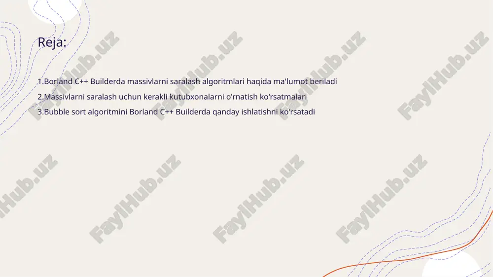 i qo'shganingizda, u massivni bir marta o'tkazib, eng katta elementi oxiriga joylashtiradi. bu jarayon, to'liq massiv tartibga kelingunga qadar davom etadi. • jerarxiyalashishda qiyinchiliklar - bubble sort algoritmini qo'llashda katta massivlar uchun samaradorlik pasayadi. bu algoritm n^2 kompleksligi bilan tanilgan va katta ma'lumotlar uchun yanada samarali algoritmlar tanlanishi maqsadga muvofiqdir. massivlarni saralashda tanlangan algoritmning samaradorligini tahlil qilish • algoritmning asosiy tamoyillari - saralash algoritmlari ma'lumotlarni tartibga solish uchun mo'ljallangan. har bir algoritmning o'ziga xos xususiyatlari mavjud. • vaxt samaradorligi - algoritmlarning vaqt samaradorligi ma'lumotlar hajmiga bog'liq bo'ladi. algoritmning vaqt murakkabligi o(n log n) yoki o(n²) ko'rinishida ifodalanadi. massivlarni saralash jarayonida xatolarni oldini olish usullari • reja - saralash jarayonida aniq reja tuzish muhimdir. har bir bosqichni rejalashtirish va kerakli resurslarni tayyorlash jarayonni soddalashtiradi. • e'tibor - saralash jarayonida diqqatni jamlash va nazorat qilish xatolarni kamaytiradi. har bir ustun va elementni diqqat bilan tekshirish zarur. • test qilish - saralash algoritmini …
