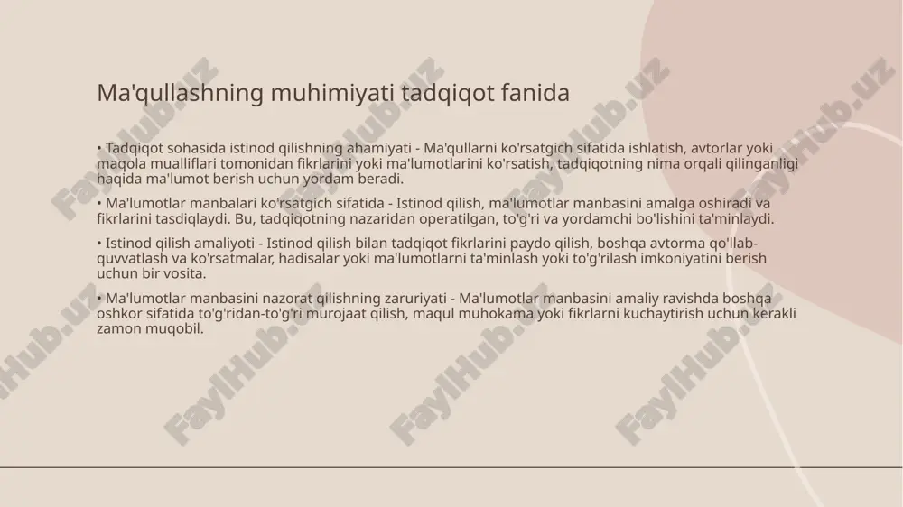 lash, tahlil qilish va chiqish - tadqiqot natijalarini tahrir qilish va maqola yoki ma'lumotnoma yozish. natijalar chiqish - tadqiqotning ommaviy platformalarda tarqatilishi. • tadqiqotning muhimligi - tadqiqotning tehnikasi - maqsadga muvofiq metodlarni tanlash, ma'lumotlarni to'plash va tahlil qilish jarayonini tuzish. to'g'ridan-to'g'ri ma'lumotlarni topish va muammo hal qilish - tadqiqotda chet tillarda topilgan ma'lumotlarni tarjima qilish va ma'lumotlarni mos ravishda tahlil qilish. tadqiqot natijalarini tasniflash usullari • tadqiqot natijalarini tasniflashning ahamiyati - tadqiqot natijalarini tartiblash, tahlil qilish, ta'kidlash va amalga oshirish bo'yicha usullar • tarixiy yoki zamonaviy tadqiqot natijalarini birlashtirish - tarixiy tadqiqot natijalari, zamonaviy tadqiqot natijalari bilan taqqoslash, ularni bir-biriga asoslanganligiga qarab tartiblash tadqiqotmoniclik va noyobiyati • tadqiqotmoniclik va unikalilik - tadqiqotlar oʻzining originaliyati va noyobiyatiga ega bo‘lishi kerak. bu tufayli, yangiliklar va foydali ma'lumotlar olish mumkin bo‘ladi. • tadqiqotlar hisoblanishi - tadqiqotchilar o‘zlarining qiyinchiliklari va noyobiyatga ega bo‘lgan usullarni qo‘llashadi. asosiy maqsadlarga erishish uchun qat’iy va aniq yoki rekursiv …