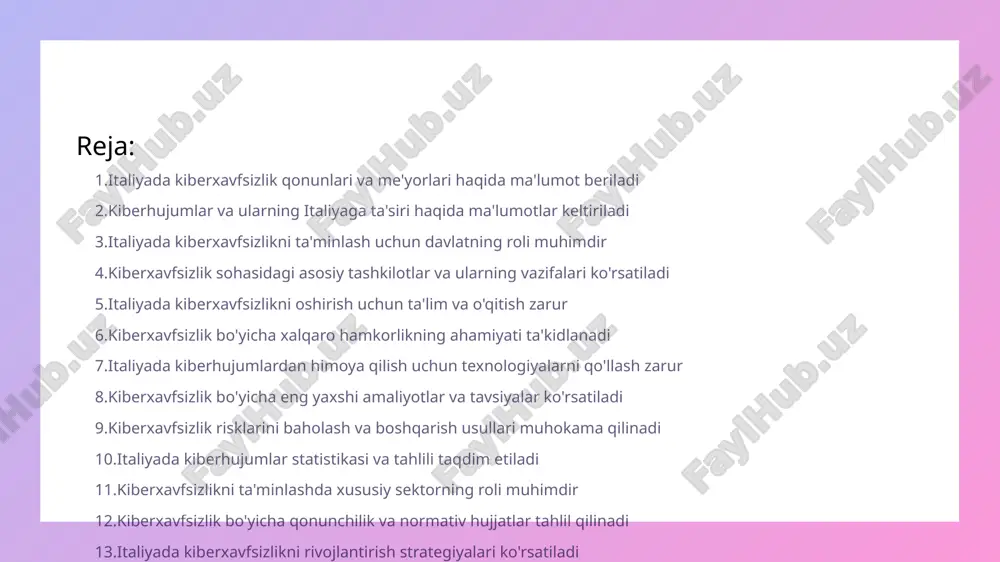 mlar va ularning italiyaga ta'siri haqida ma'lumotlar keltiriladi • kiberhujumlar turlari - kiberhujumlar turlicha shakllarda bo'lishi mumkin. ular phishing, ddos hujumlari va ma'lumotlarni o'g'irlash kabi faolliklarni o'z ichiga oladi. har bir turi o'ziga xos usullarga ega. • italiyada kiberhujumlar statistikasi - so'nggi yillarda italiya kiberhujumlarining soni oshdi. raqamli infratuzilmalarga ruxsatsiz kirish holatlari ko'payib bormoqda, bu esa iqtisodga salbiy ta'sir ko'rsatmoqda. italiyada kiberxavfsizlikni ta'minlash uchun davlatning roli muhimdir • kiberxavfsizlik siyosati - italiya hukumati kiberxavfsizlikni ta'minlash uchun aniq siyosat va strategiyalar ishlab chiqadi • resurslar ta'minoti - davlat kiberxavfsizlik sohasida yetarli resurslar bilan ta'minlash uchun moliyaviy va inson resurslarini jalb etadi • tashkiliy hamkorlik - hukumati kiber jinoyatchilikka qarshi kurashish uchun davlat tashkilotlari va xususiy sektori bilan hamkorlik qiladi • ta'lim va ongli ravishda o'sish - italiya hukumati kiberxavfsizlik bo'yicha ta'lim dasturlarini rivojlantirish orqali aholini ongli ravishda o'sishini qo'llab-quvvatlaydi kiberxavfsizlik sohasidagi asosiy tashkilotlar va ularning vazifalari ko'rsatiladi • haqiqiy vaqt xavfsizlik …