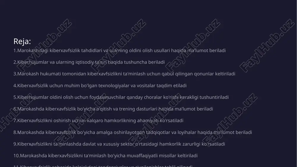 riladi • kiberhujumlarning mohiyati - kiberhujumlar internet orqali amalga oshiriladigan hujumlar bo'lib, ularning maqsadi ma'lumotlarni o'g'irlash, tizimlarni buzish yoki xizmatlarni ishga solmaslikdir • iqtisodiy zararlar - kiberhujumlar kompaniyalar uchun katta iqtisodiy zarar keltirishi mumkin, masalan, yo'qotilgan ma'lumotlar yoki to'lovlar tufayli marokash hukumati tomonidan kiberxavfsizlikni ta'minlash uchun qabul qilingan qonunlar keltiriladi • kiber hujumlarga qarshi choralar - marokash hukumati kiber hujumlar va ma'lumotlarni o'g'irlanishiga qarshi qattiq qonunlar qabul qildi • ma'lumotlarni himoya qilish - ommaviy va shaxsiy ma'lumotlarni himoya qilish bo'yicha qoidalar tasdiqlandi • kiber jinoyatchilikni jazolash - kiber jinoyatchilikni jazolash uchun yangi jinoiy kodeks normalari ishlab chiqildi • kiberxavfsizlik markazlari - kiberxavfsizlikni boshqaradigan markazlar tashkil etilib, ularning samaradorligi oshirildi kiberxavfsizlik uchun muhim bo'lgan texnologiyalar va vositalar taqdim etiladi • zararli dasturlarga qarshi himoya - zararli dasturlar kiberxavfsizlik uchun jiddiy tahdid hisoblanadi. ularni aniqlash va bloklash uchun antivirus va antimalware vositalaridan foydalanish muhimdir • tarmoq xavfsizligi - tarmoq xavfsizligini ta'minlash uchun …