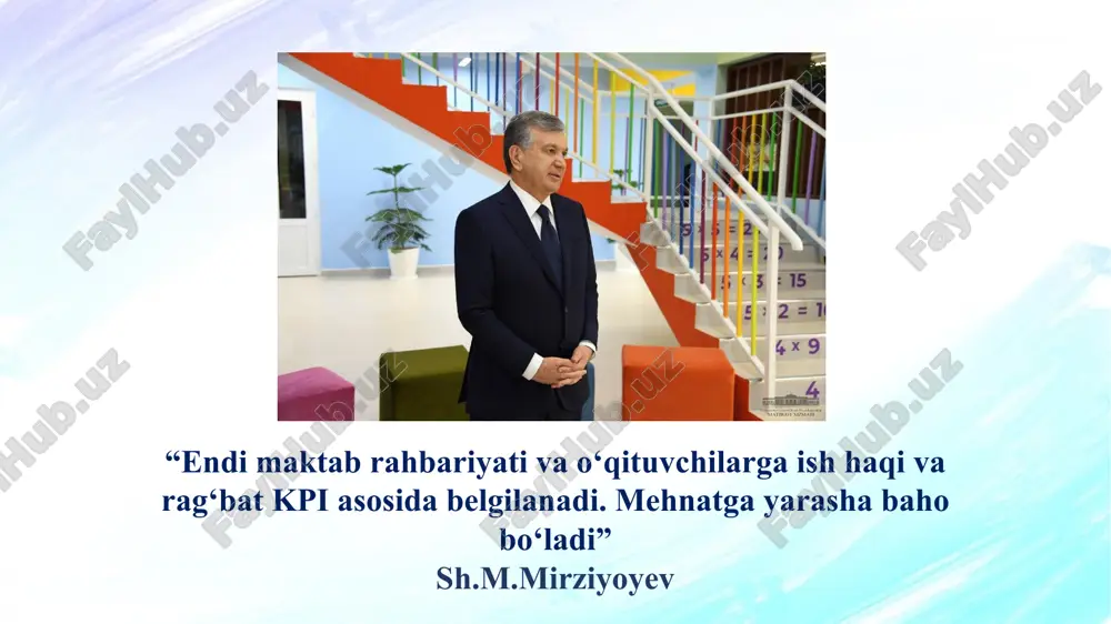 sh tartibini takomillashtirish to‘g‘risida”. vazirlar mahkamasining 2019-yil 30-sentabrdagi 823-son qarori. mavzuga oid normativ-huquqiy hujjatlar 4 bu darslikda zamonaviy ta’lim muassasalarida strategik boshqaruvning asoslari, xususan, samaradorlikka asoslangan boshqaruv (kpi) tizimining mohiyati keng yoritilgan. mualliflar o‘qituvchilarning natijaviy mehnatini o‘lchashda kpi’ning afzalliklari, mezonlari va joriy etish bosqichlari haqida tahliliy ma’lumotlar beradi. “ta’limda strategik boshqaruv va samaradorlik mezonlari”. muallif: yoqubov i., xodjayev a. nashr: toshkent, 2021-yil bu asarda ta’lim tizimida ish faoliyatini boshqarish (performance management) tushunchasi, uning asosiy ko‘rsatkichlari (kpi) va o‘qituvchilarni baholash tizimlari keng yoritilgan. muallif kpi ko‘rsatkichlarini aniqlashda o‘qituvchining metodik mahorati, o‘quvchi yutuqlari, innovatsion yondashuvlarni asosiy omil sifatida ko‘rsatadi. “performance management in education: from strategy to practice”. muallif: harry daniels nashr: routledge publishing, 2019-yil mazkur ilmiy maqolalar to‘plamida o‘zbekiston maktablarida pedagog xodimlarni baholash va rag‘batlantirishda yuzaga kelayotgan muammolar, ularni hal qilish yo‘llari hamda kpi tizimi asosida baholashning afzalliklari yoritilgan. shuningdek, baholash mezonlarini shakllantirish, shaffoflik va motivatsiyani oshirish masalalari yoritiladi. “o‘qituvchilar mehnatini baholash …